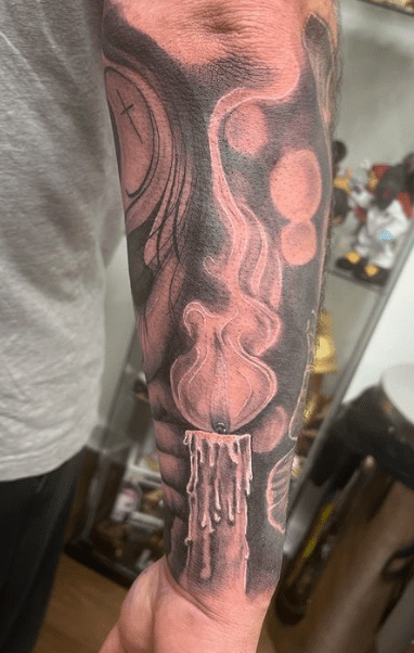   Candle tattoo #blackandgrey #londontattooers #art #london #customtattoo #tattooart #custom #tattoo #ink #tattooer #london #tattoo #tattoos #londontattoo, south croydon, eye for ink tattoo,  
