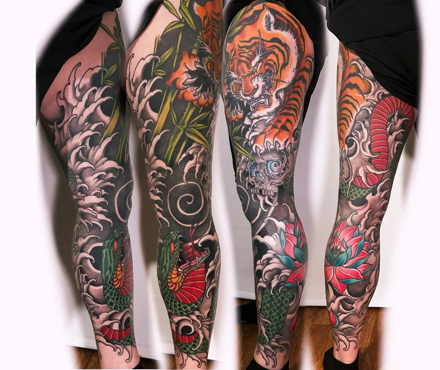@ben_james0101 leg sleeve finished off today.  The Tiger and Snake combination with lotus flower and water element looks epic. Thankyou Ben 🤝🏻🙌🏻 @pablo_tattooist 
Done with @thesolidink @rotaryworks Pen 2.1 @ghostcartridges @biotat_ 

#tigertatto