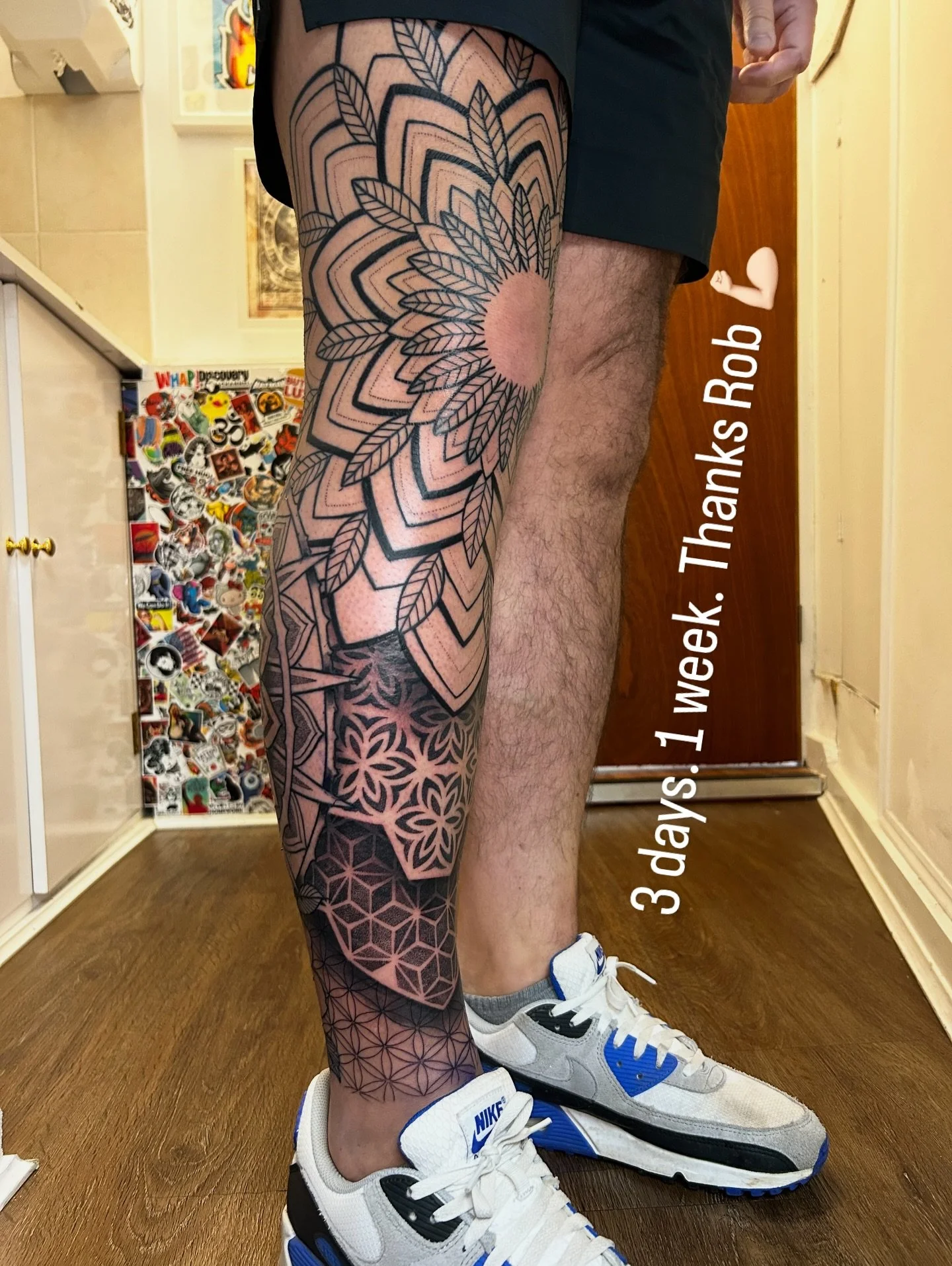 This week we went from empty leg to not empty leg with @robgee707 
Made some great progress on this custom #mandala #geometric leg sleeve in 3 big sessions. Obviously more to go to detail and shade everything but I&rsquo;m super happy with the amount