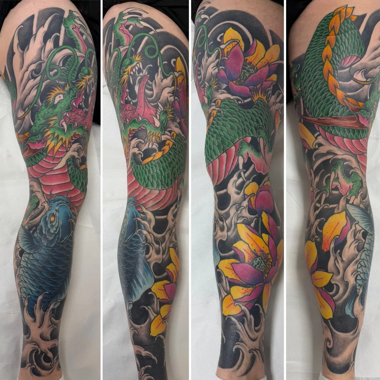 Leg sleeve completed recently by @jakeaquilinatattoo . Some bits healed for over 2years, also includes a coverup.

‼️BOOKINGS AVAILABLE‼️
If you&rsquo;d like to get something done then get in touch📞📱📧

@eyeforink 
👁️4️⃣💧
#tattoo #japanesetattoo 
