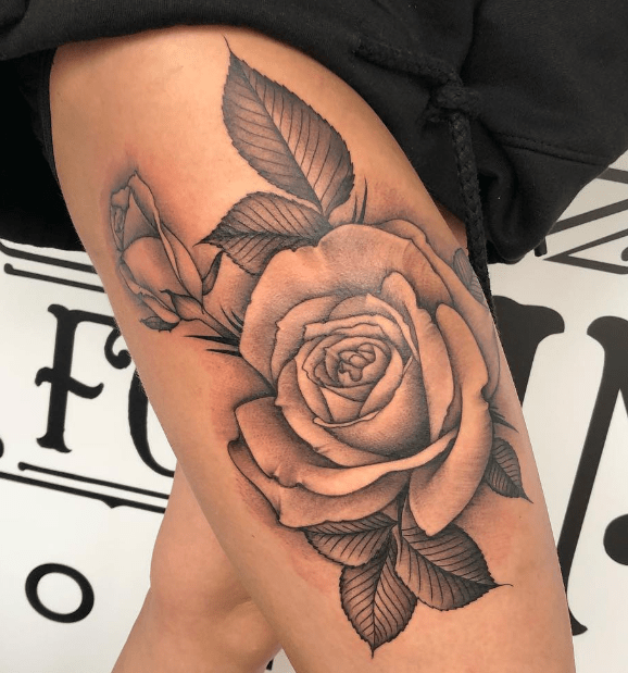  black and grey rose tattoo, rose tattoo, thigh tattoo,  #blackandgrey #londontattooers #art #london #customtattoo #tattooart #custom #tattoo #ink #tattooer #london #tattoo #tattoos #londontattoo, south croydon, eye for ink tattoo,  