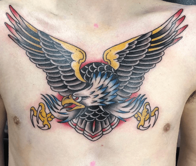 Traditional eagle tattoo, chest tattoo, colour tattoo, traditional eagle,   #blackandgrey #londontattooers #art #london #customtattoo #tattooart #custom #tattoo #ink #tattooer #london #tattoo #tattoos #londontattoo, south croydon, eye for ink tattoo,