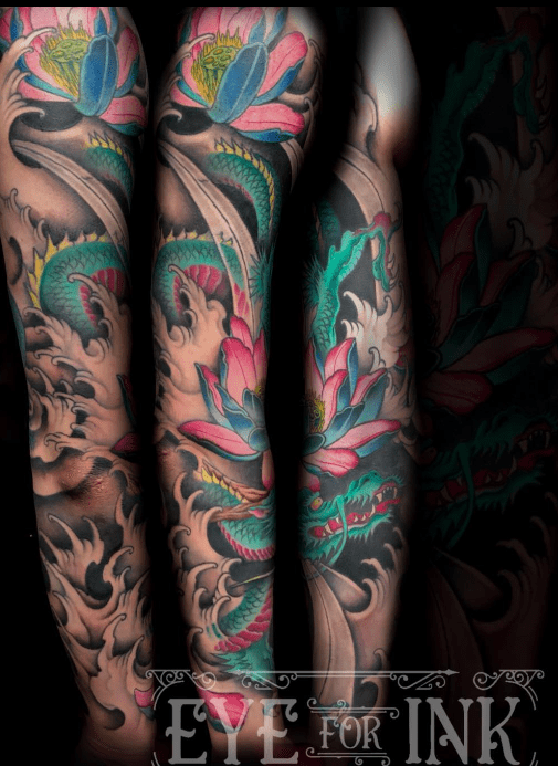  Colour dragon sleeve tattoo, Japanese sleeve tattoo, dragon tattoo,  #londontattooers #art #london #customtattoo #tattooart #custom #tattoo #ink #tattooer #london #tattoo #tattoos #londontattoo, south croydon, eye for ink tattoo,  