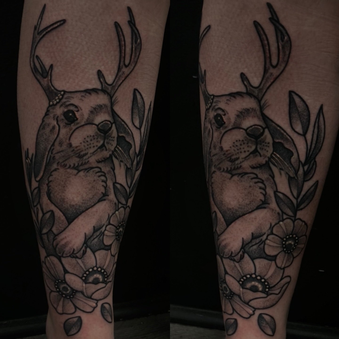 🐰🗡️ DM TO BOOK #tattoo #tattooartist #bunny #jackalope #rabbit #philly #philadelphia #pa #tattooart #dots #flowers #leaves #stippletattoo #stippling #орск #москва #россия #украина #татумастер #legtattoo #enjoy #cute