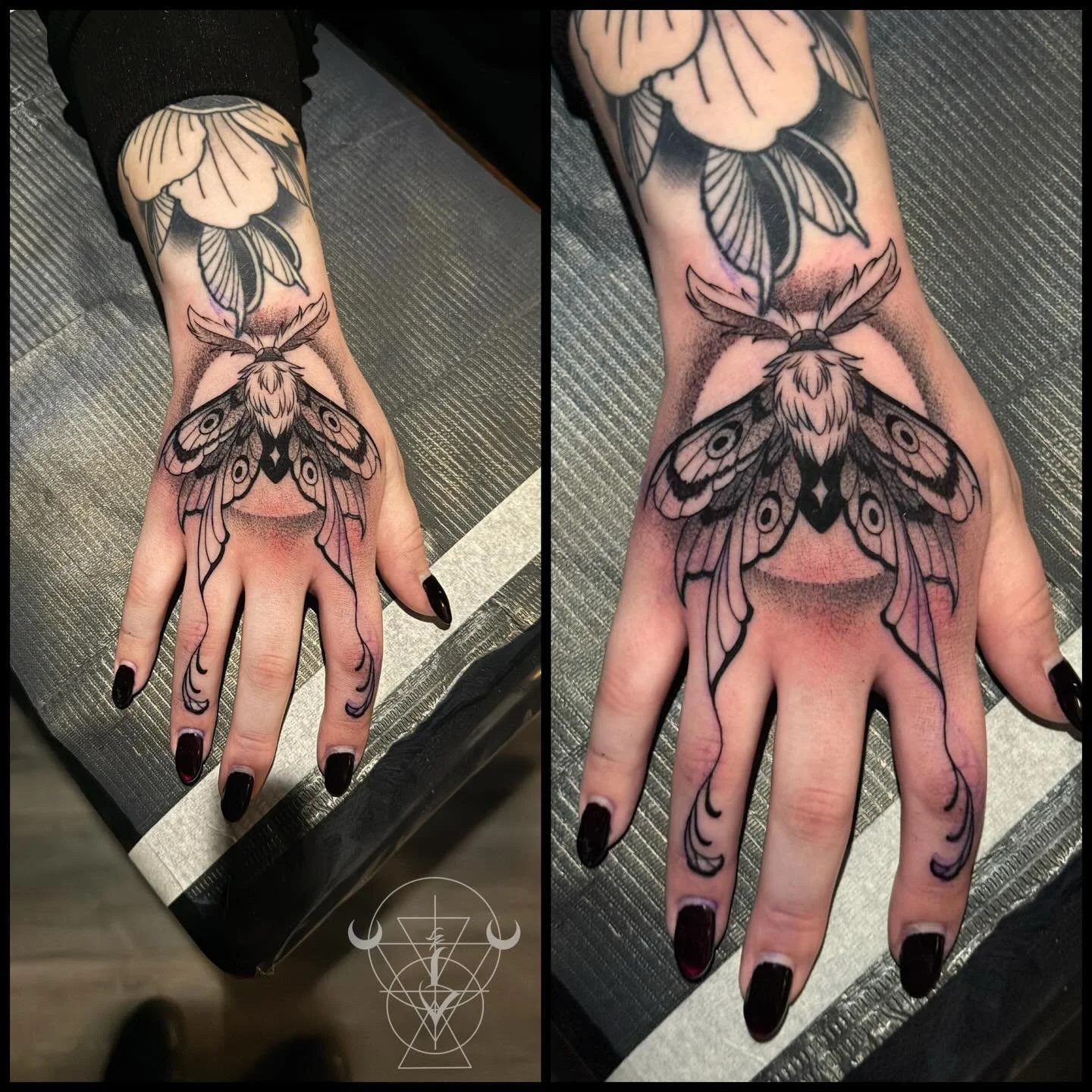 It&rsquo;s just the week for hand tattoos 😍 which are literally my favorite!!! Thanks @havenbeauty.bar 🖤😚 

#tattoo #stippletattoo #handtattoo #buckscounty #kestrelcollective