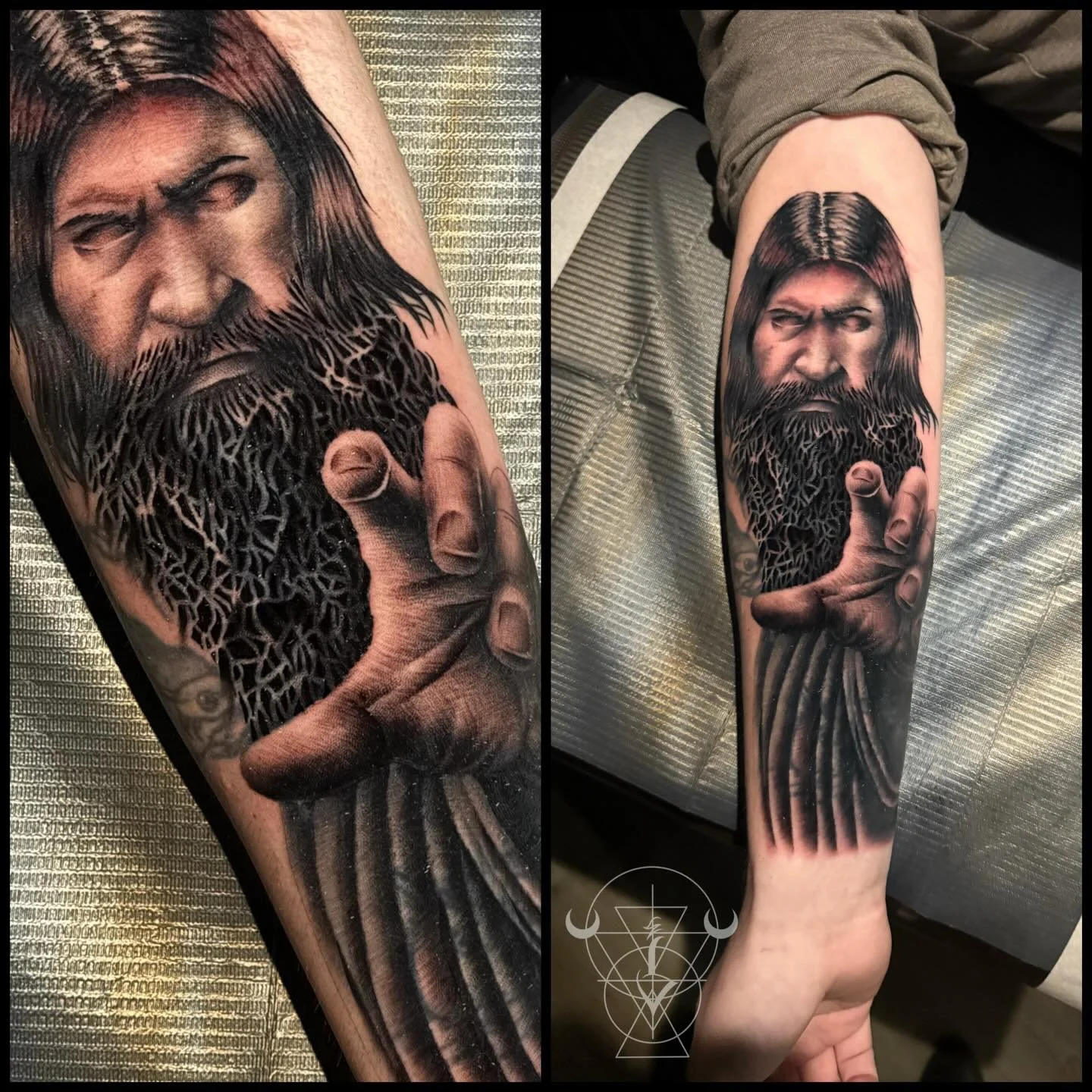 Iykyk 😘 a little cover up action in there. Will show more once the back side is done 🙆🏻&zwj;♀️

#tattoo #rasputin #blackandgrey #coverup #buckscounty