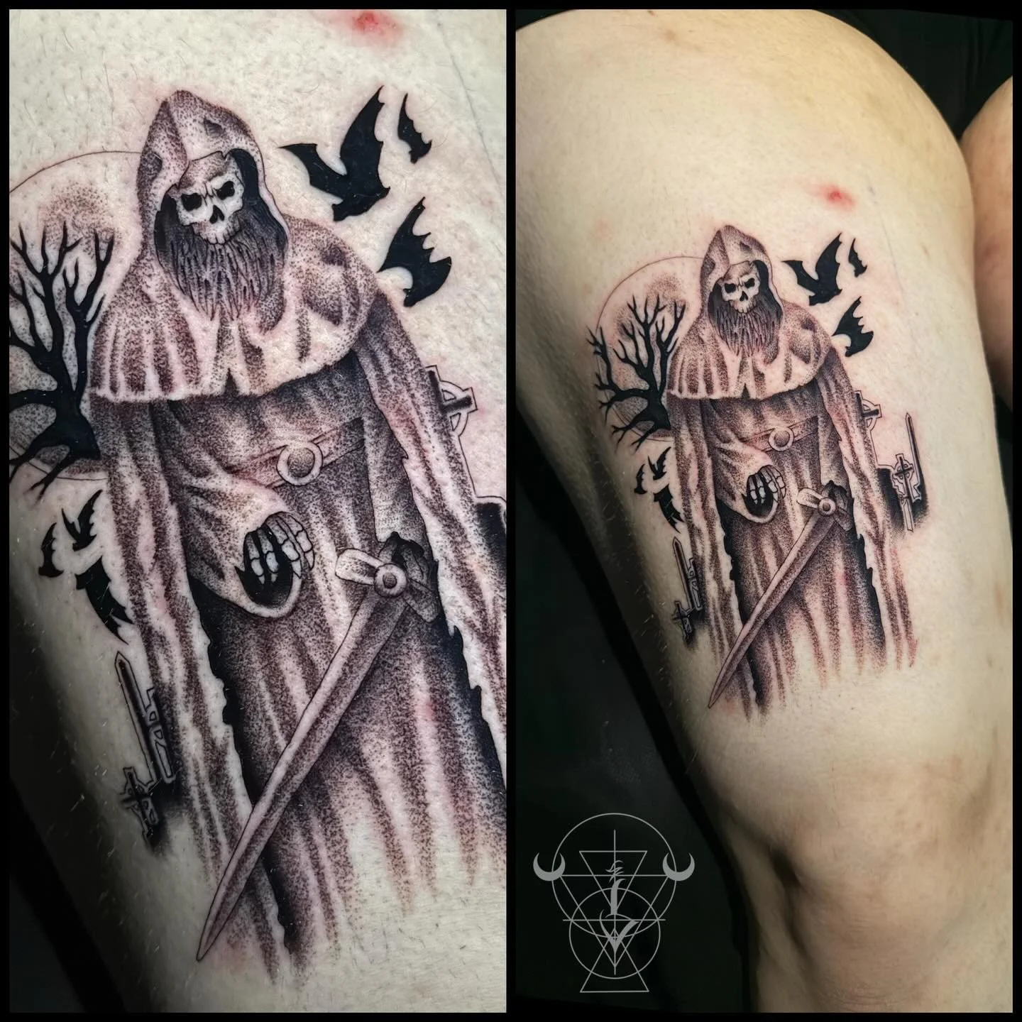 🦇 Hooded Menace 🤘 thanks Justina 🖤🖤 

#tattoo #stipple #hoodedmenace #buckscounty #kestrelcollective