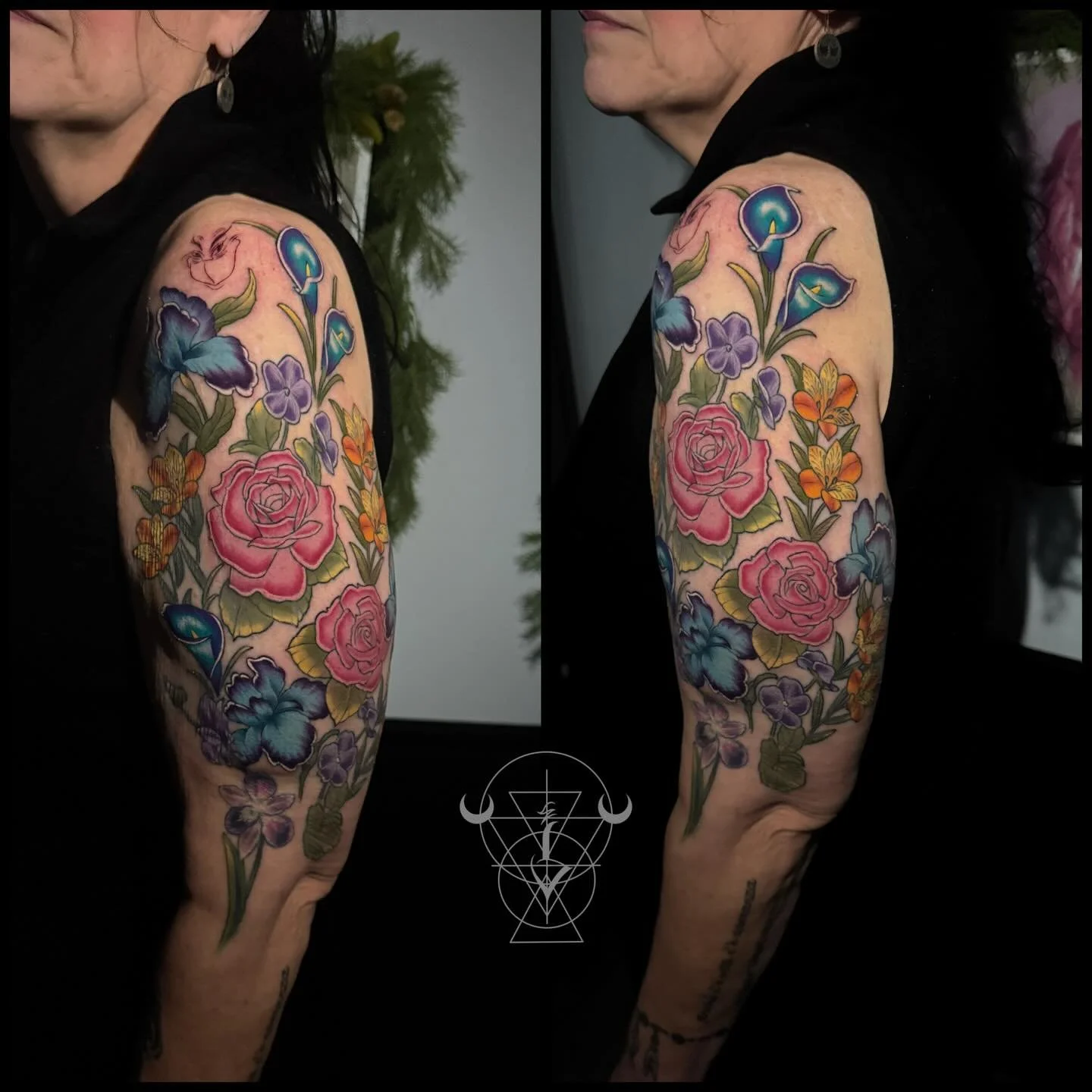 This was so much fun! Flowers and bright colors I love it! 🌸🌼🪻ft. The Grinch 🤭

#tattoo #floral #colortattoo #buckscounty #kestrelcollective