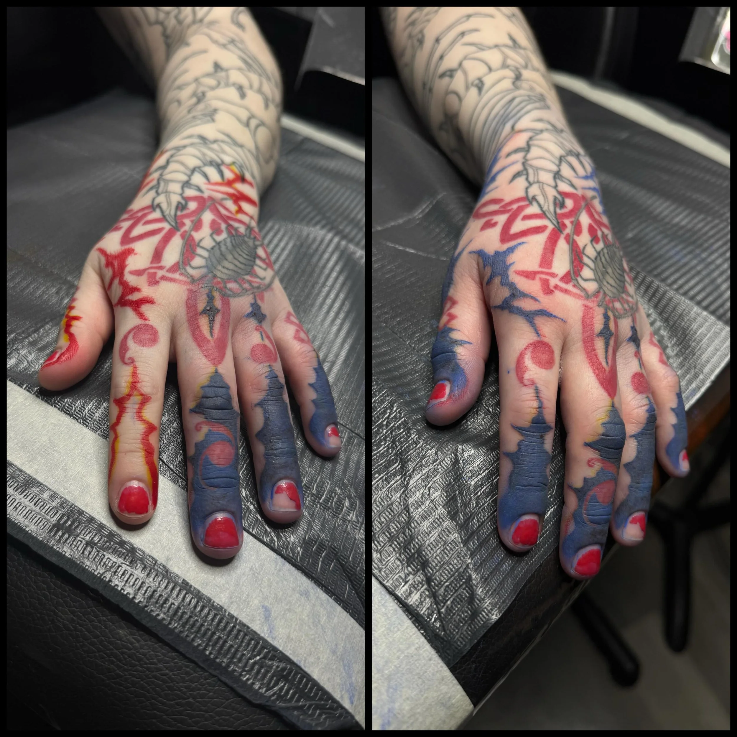 Ouch dude ouch! This client is a beast 💪 she can&rsquo;t be touched!! 

#tattoo #handtattoo #drstone #buckscounty #kestrelcollective