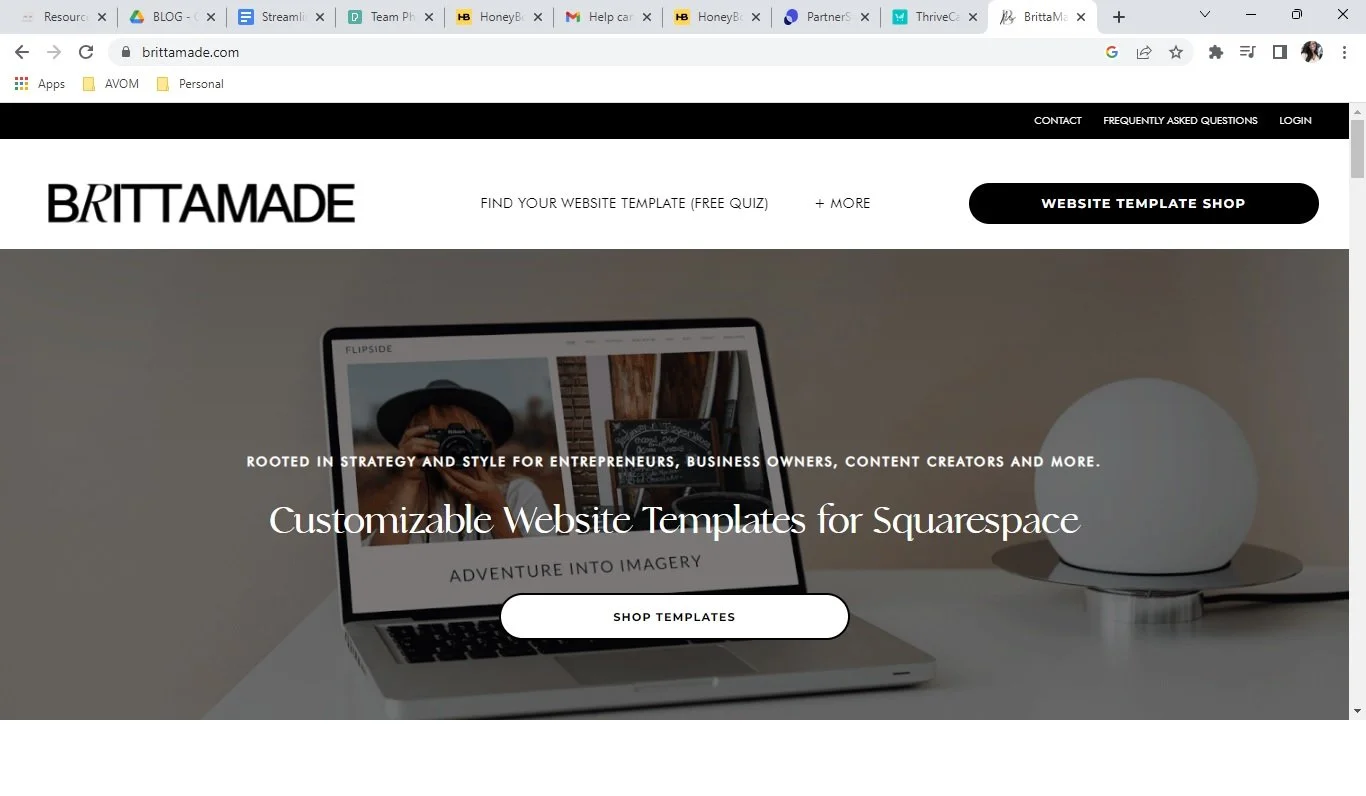 Screenshot of a webpage from BrittaMade offering customizable website templates for Squarespace, featuring a laptop, a round lamp, and navigation options like contact, FAQs, and login.