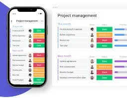 Project management app interface on a smartphone and computer screen showing task lists with statuses and team members presented in colorful labels.