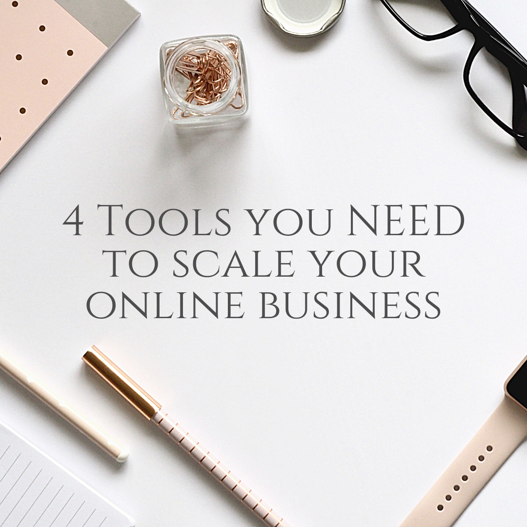 Flat lay of office supplies with the text '4 Tools You Need to Scale Your Online Business' on a white background. Items include glasses, a notebook, pens, a watch, and a jar of paperclips.