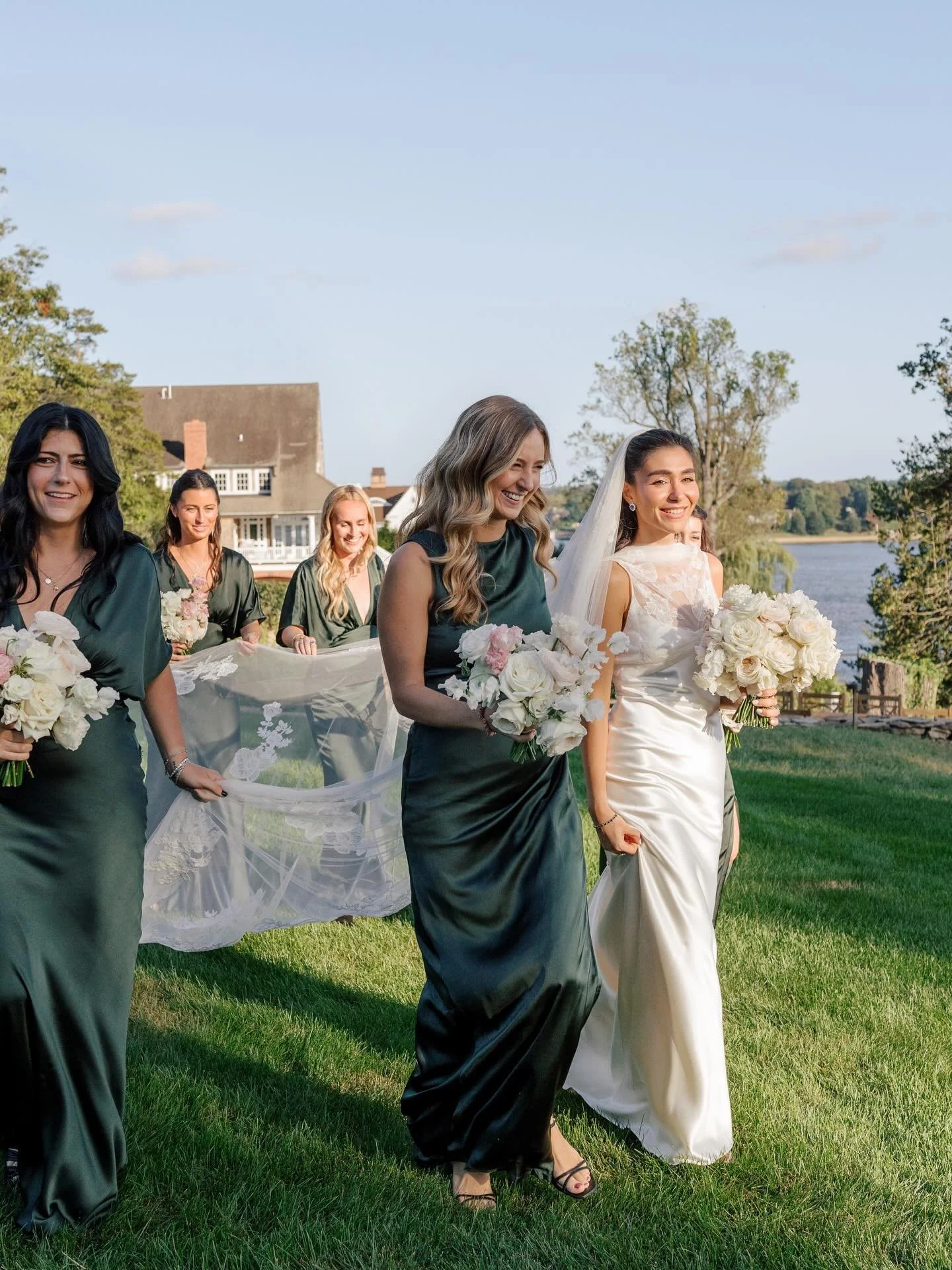 The satin green dresses pulled straight from the overall palette, and the white and blush bouquets tied back to the florals used throughout the day. If you&rsquo;re gathering bridesmaids inspo, this is a look that shows how seamlessly the bridal part