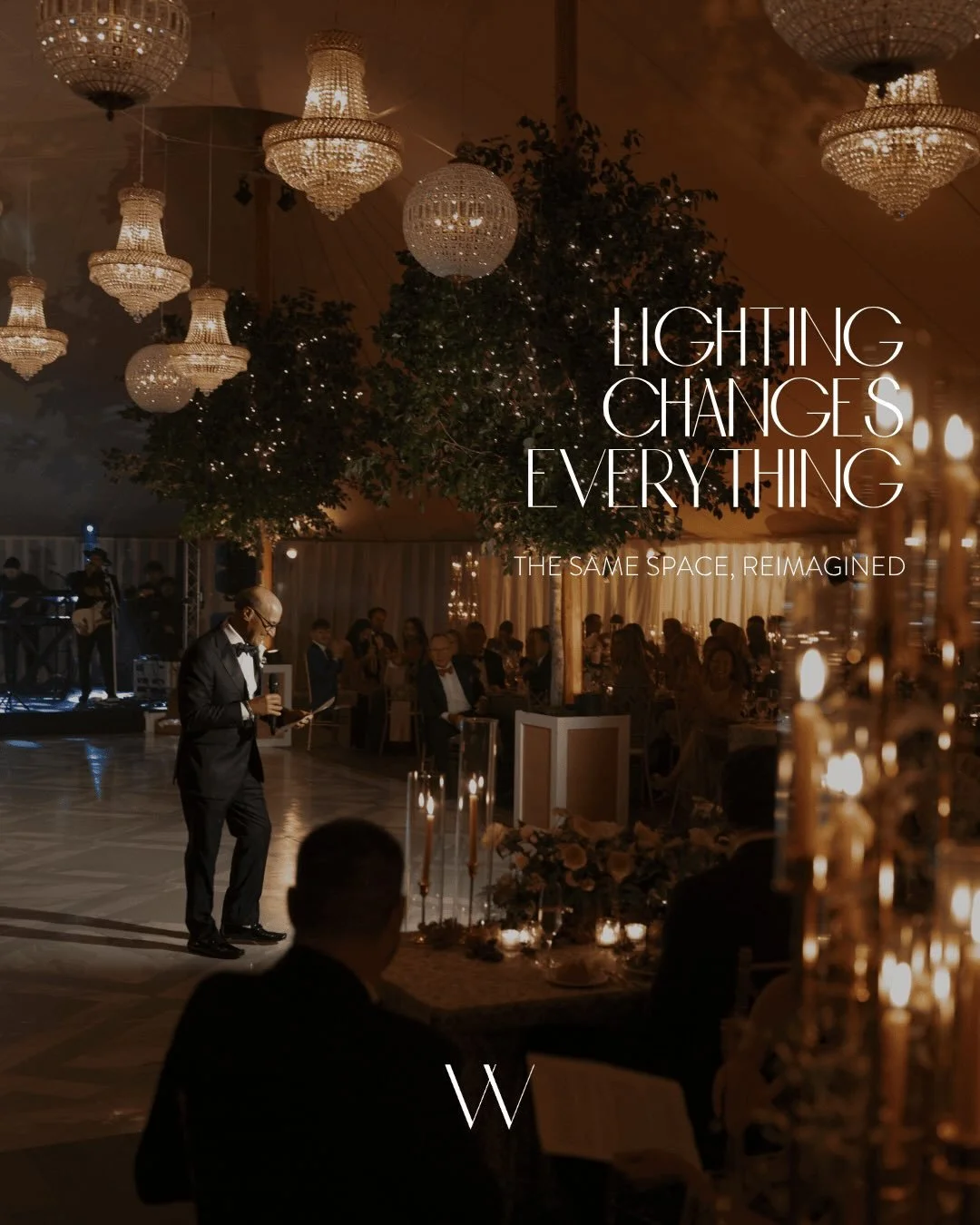 Same tent, just later in the day. 

The chandeliers start to stand out more, the room fills in, and the light shifts enough that everything feels a little different- without changing anything yet you feel enveloped by the shift in atmosphere.

Event 