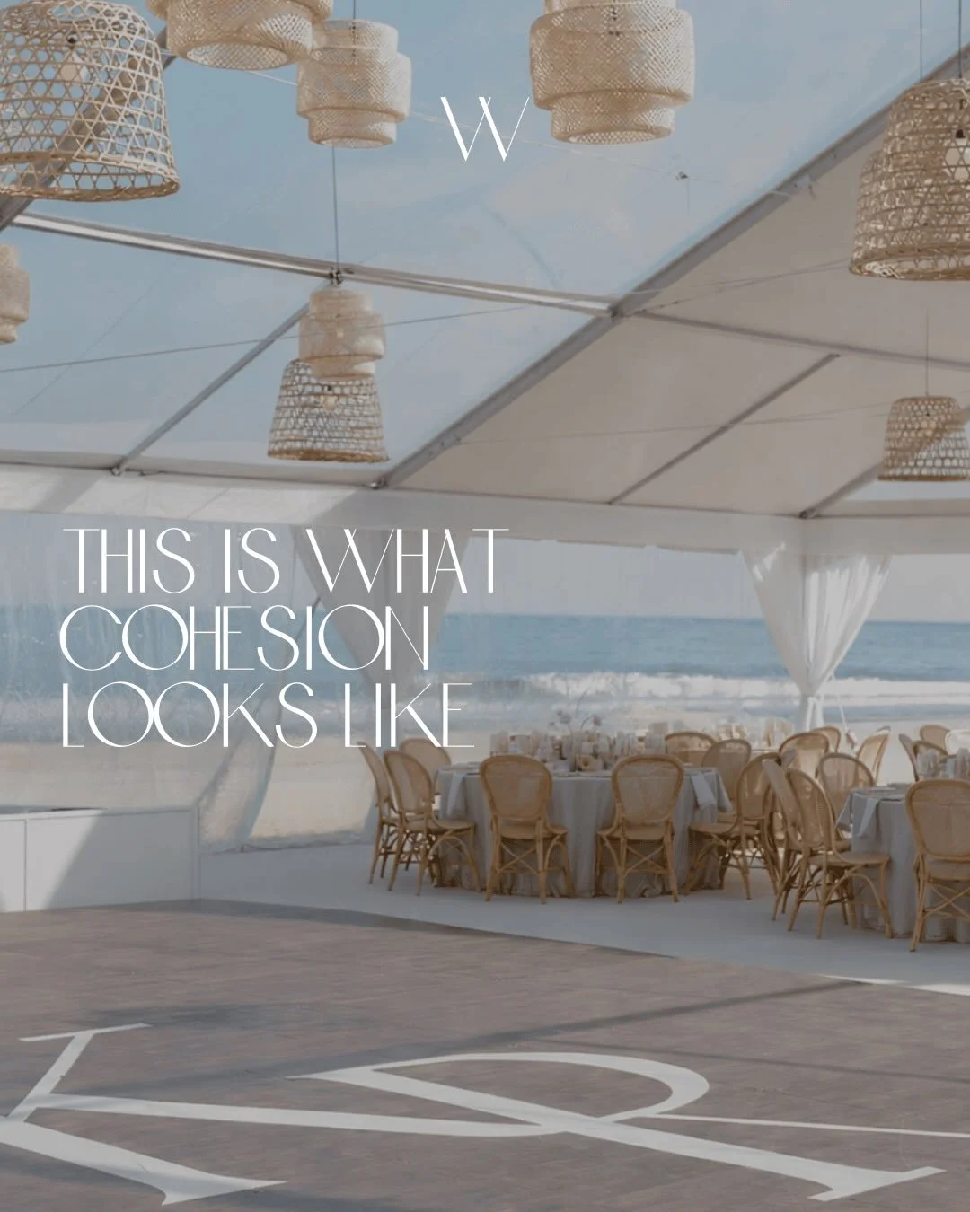 Cohesion is why this all holds together.

The woven pendants overhead, the rattan bar, the escort card wall, even the place settings all pull from the same materials and tones without feeling repetitive.

You move through the space and nothing feels 