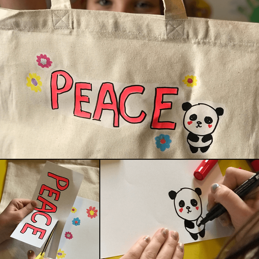 Canvas tote bag with 'Peace' text and panda drawing on it; crafting process shown with scissors cutting letters and drawing panda with black marker.