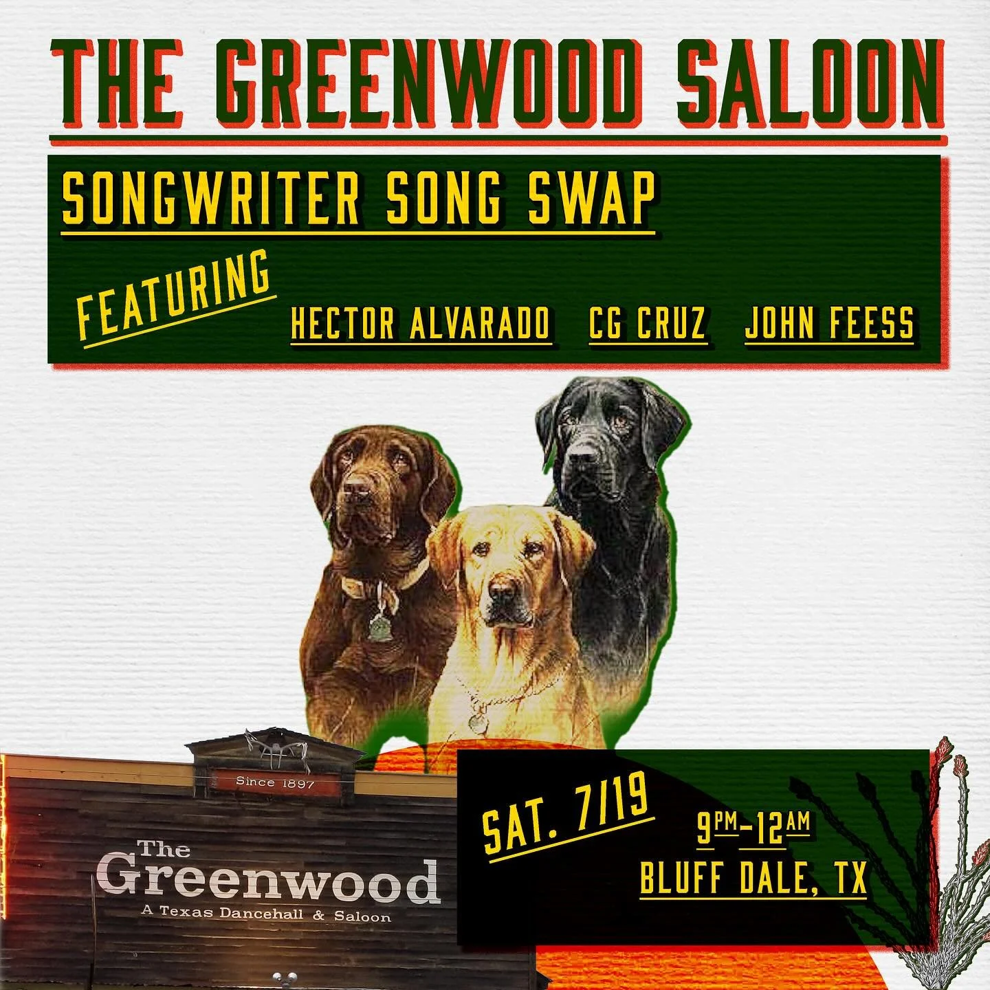 🐾 Next Saturday 🦴

I&rsquo;m taking John and my good buddy @hectorado425 out to one of my favorite venues: @thegreenwoodsaloon in Bluff Dale Tx 🏡

This is always a special show that we consider to be a listening room, so make the trip and expect t