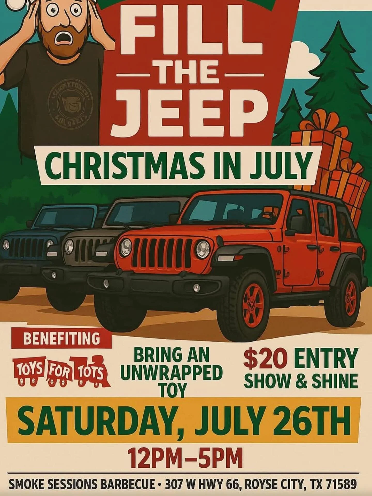 THIS SATURDAY 

Me and my buddies Matt Enslin and Jeremy Gravely will be out at Smoke Sessions Barbecue playing music for a great cause. 

Bring a toy, bring some cash and lets get a jump on a great Christmas in July!