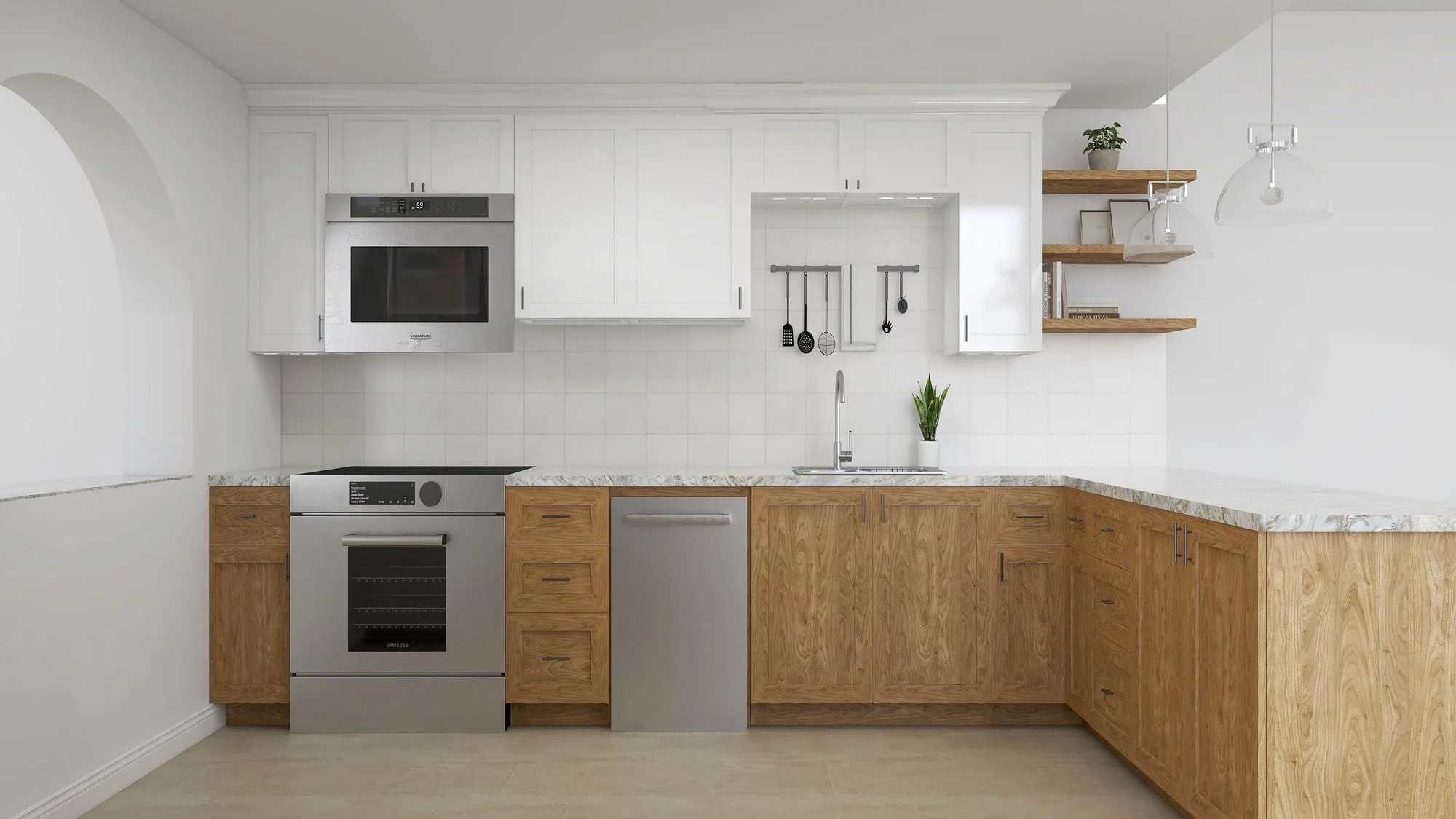 Kitchen renovation rendering with white shaker upper cabinets, natural wood lower cabinetry, quartz counters, white tile backsplash, stainless range and dishwasher, open wood shelving, and glass pendant lights