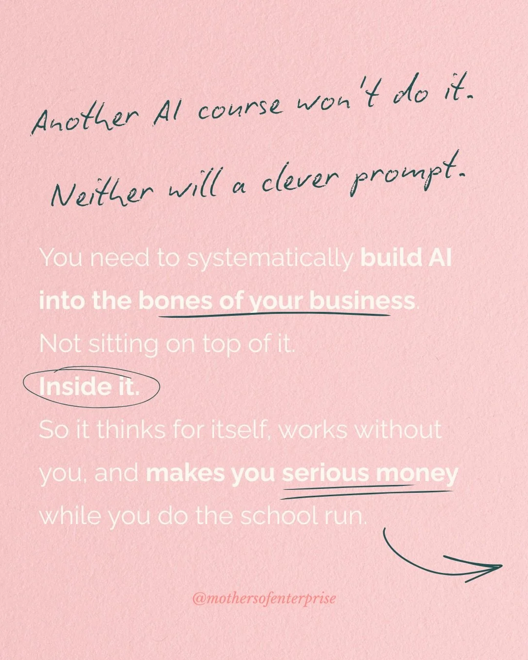 The Have It All Academy is being completely rebuilt from the inside out. 

Al wired into the bones of your business, not sitting on top of it.

And this is not a high-pressure container. 

No live calls. No keeping up. No falling behind. 

Just stead