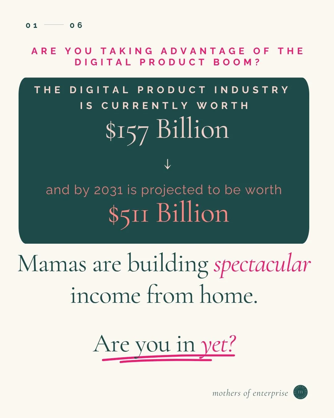 Mamas here are some jaw dropping stats for you...

The digital product industry is worth $157 billion and growing fast!

And you don't need experience, a big following, or even a finished idea to get started (but you do need a good dose of ambition a