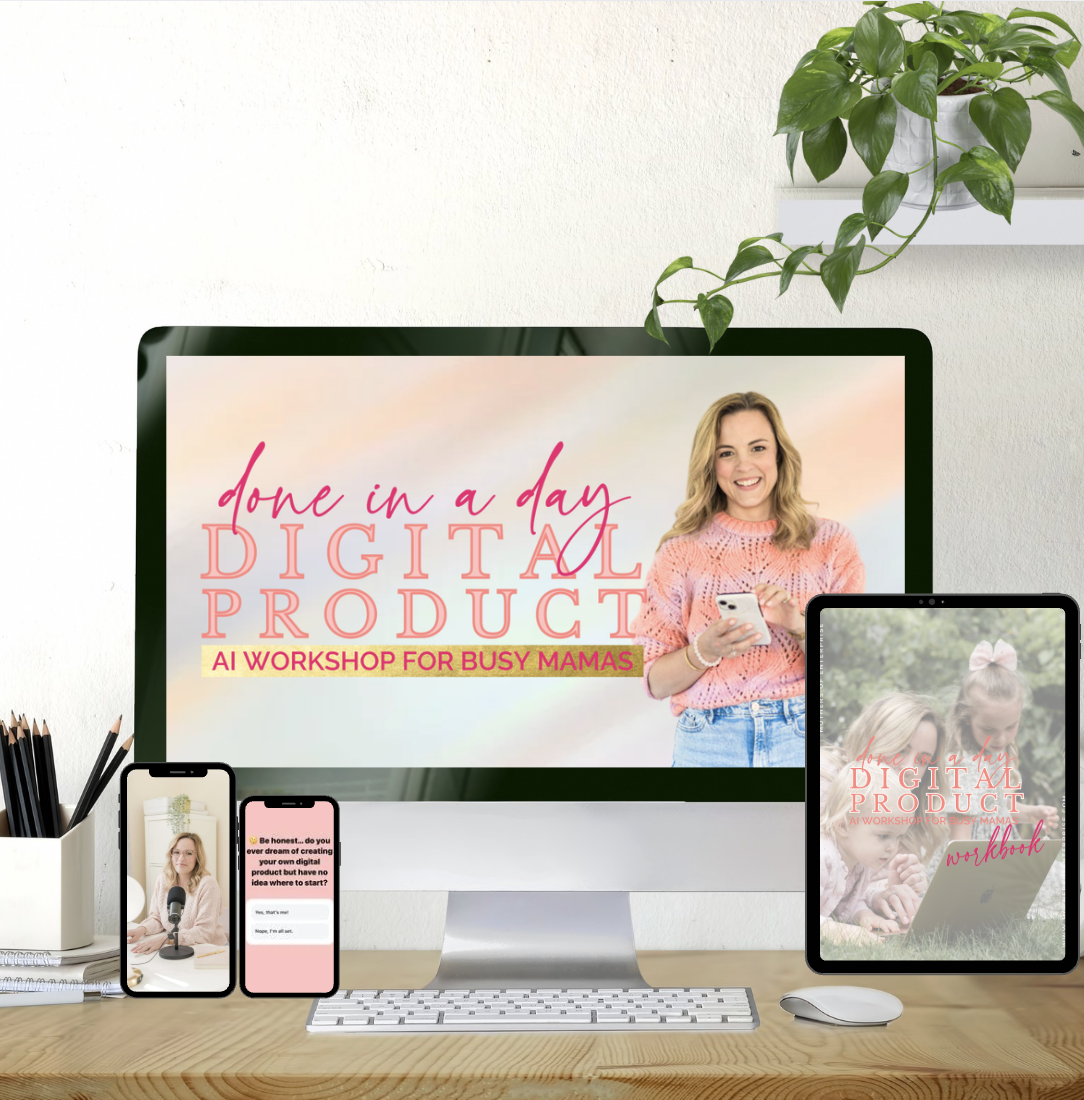 Mockup image of a computer, iPad, iPhone and pages from a workbook displaying the words 'done in a day digital product AI workshop'