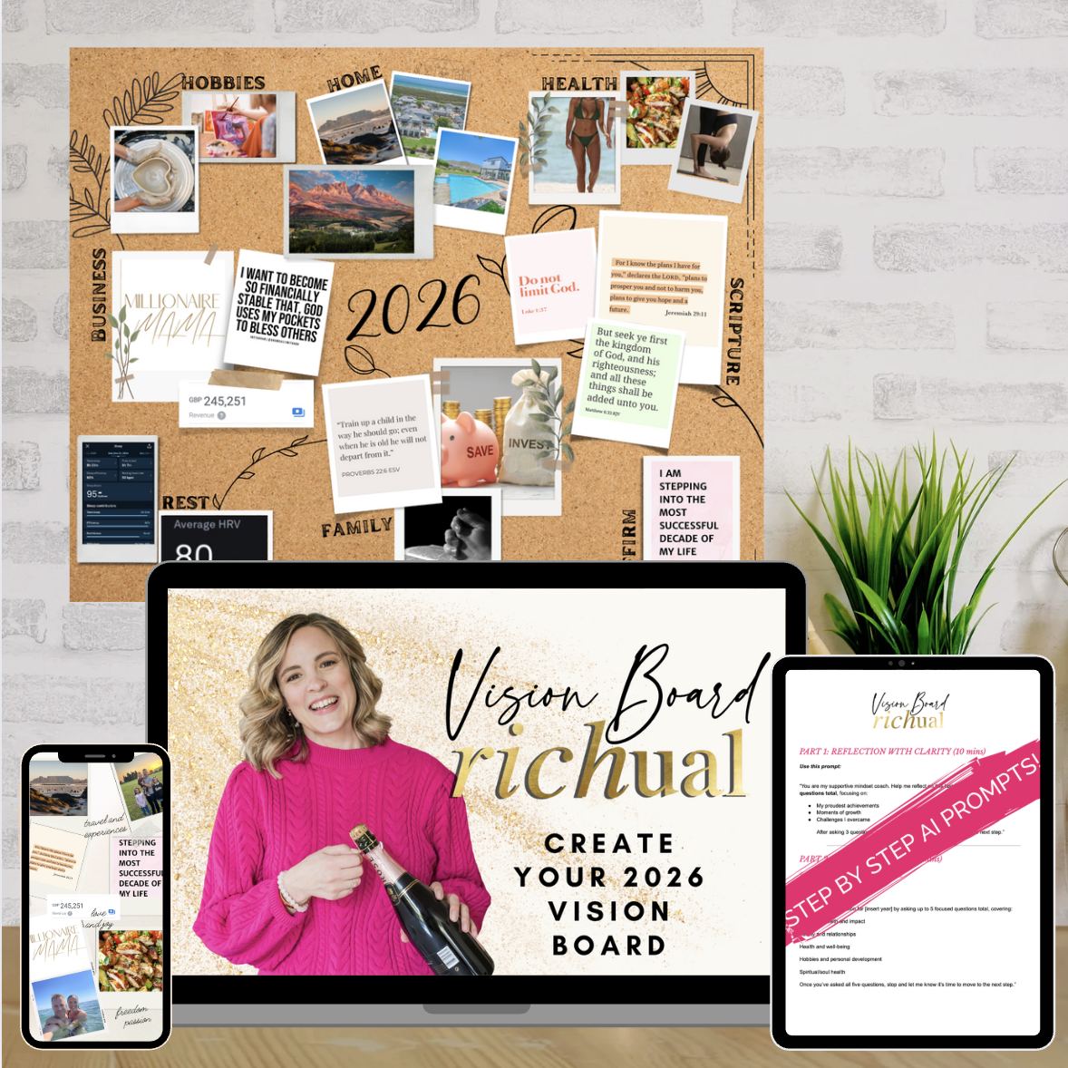 Cork vision board with many images and photos of motherhood, health, hobbies, home and rest for the Vision Board RICHual workshop