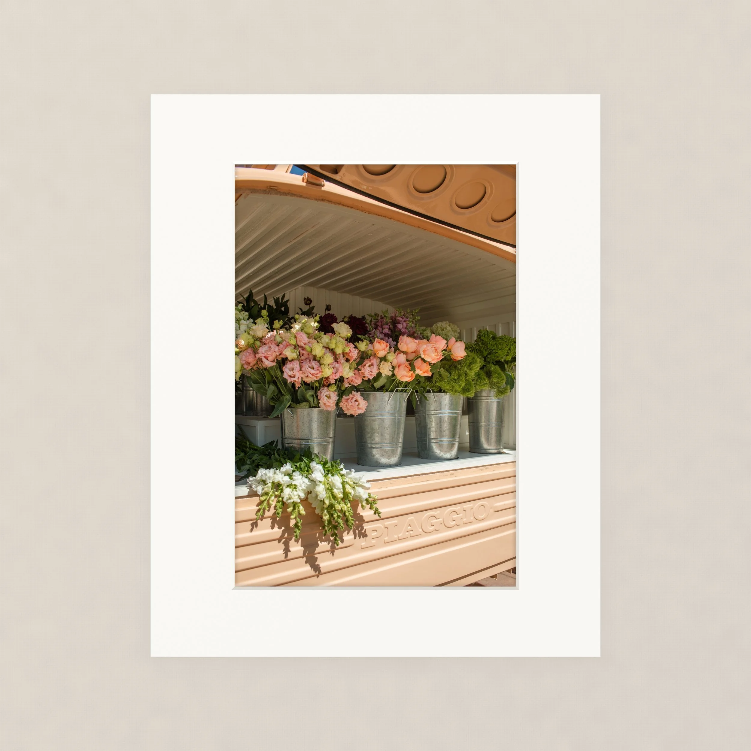 Santa Barara fine art photography prints:  Arrangement of colorful flowers including pink, white, and purple blooms in metal buckets