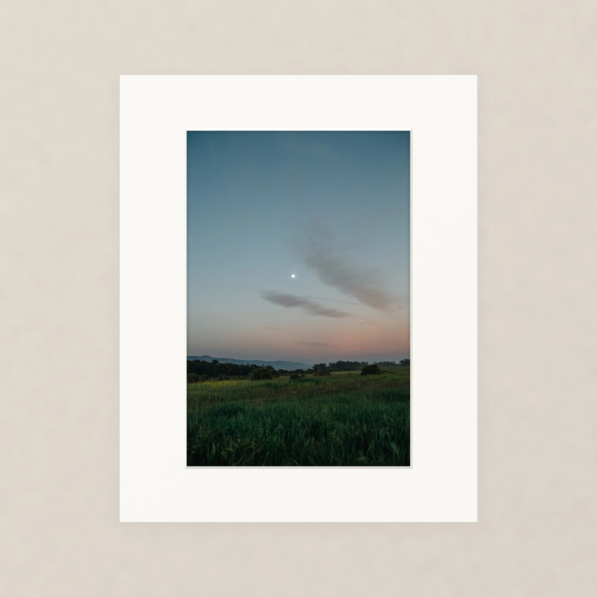 Santa Barara fine art photography prints: Landscape photograph of a green field with trees in the distance, under a partly cloudy sky during sunset.
