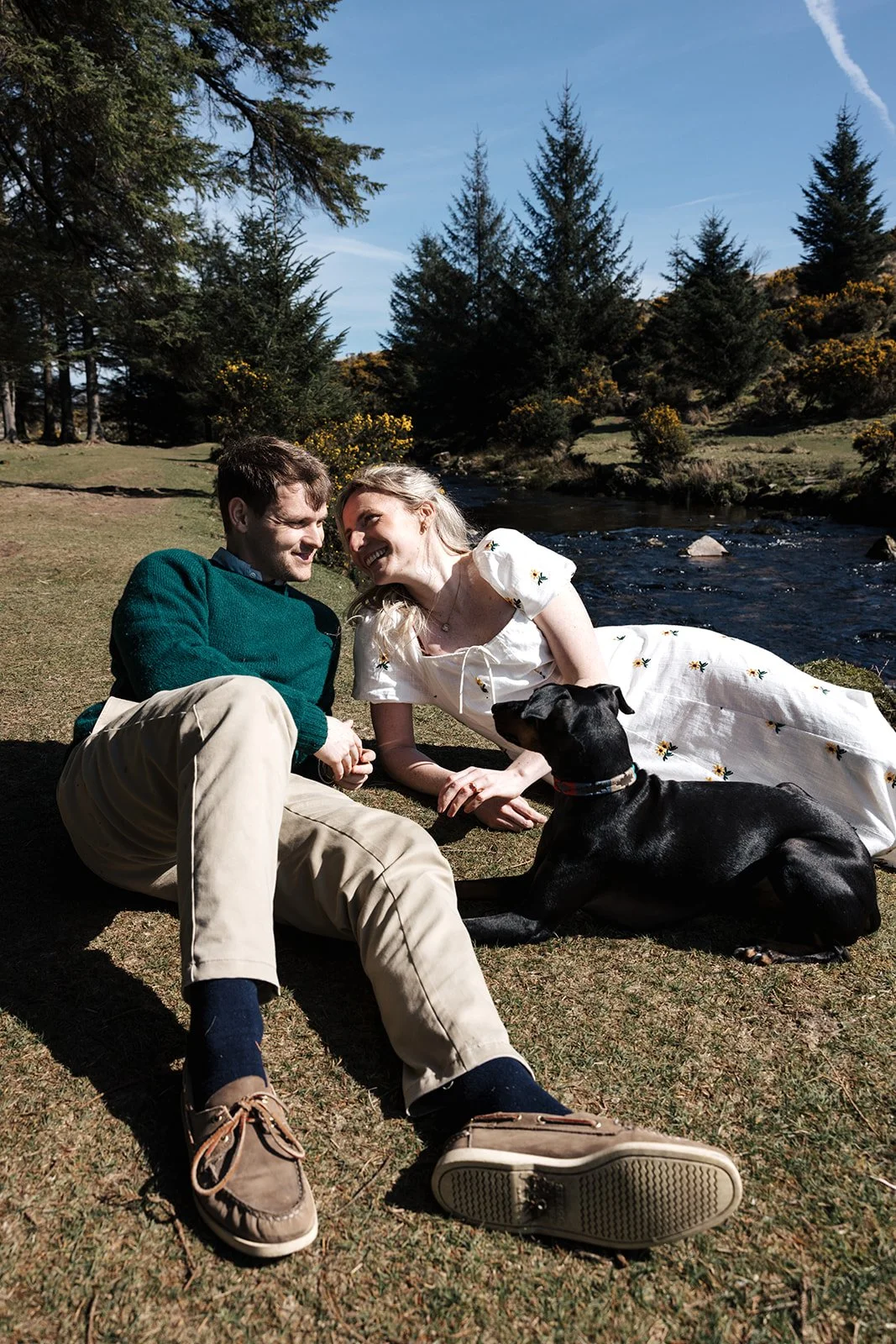 Engagement photoshoot in Dartmoor woodland with couple and their dog in a natural outdoor setting