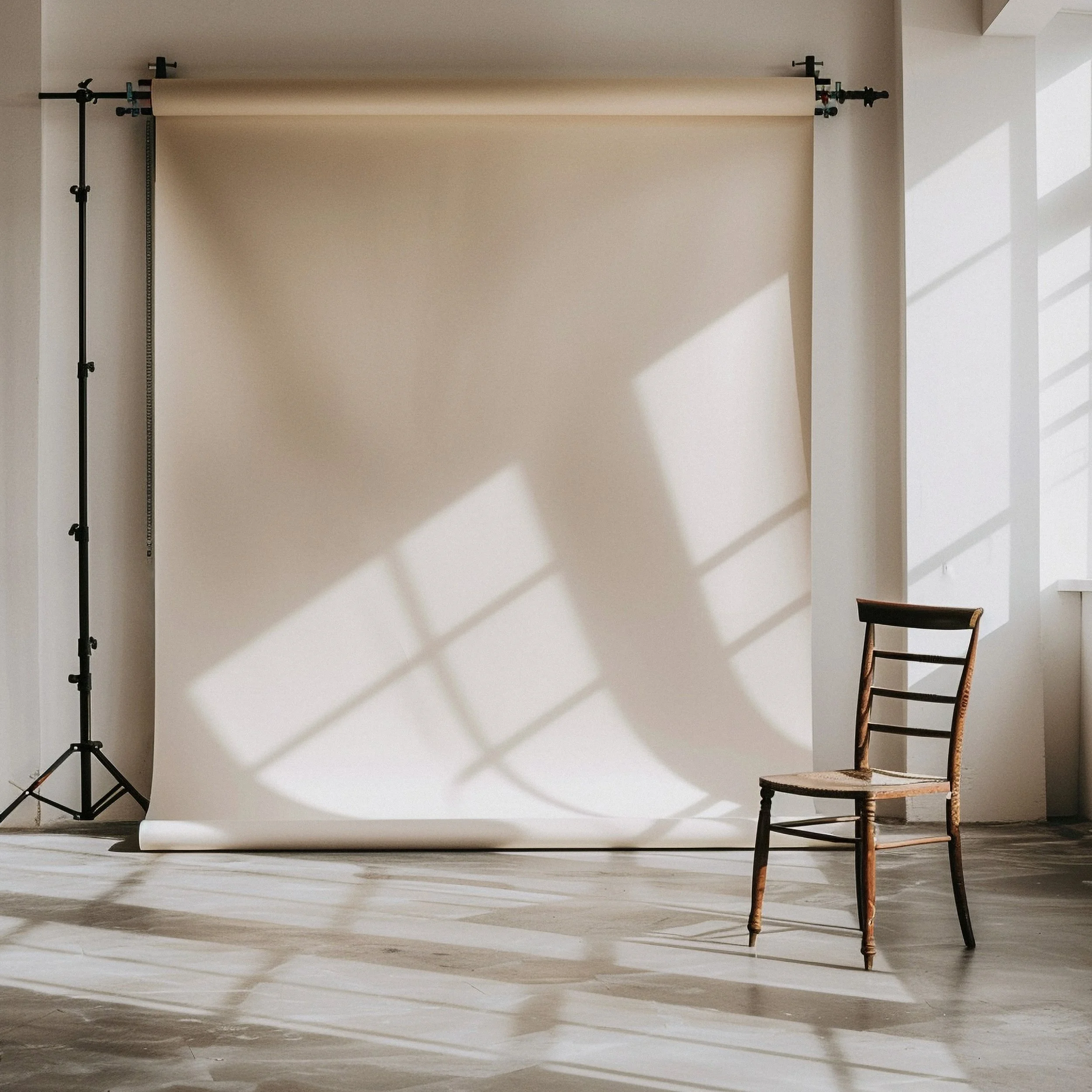 Photographer's backdrop stand with a beige paper backdrop, wooden chair, and sunlight streaming through window casting shadows on wall and floor.