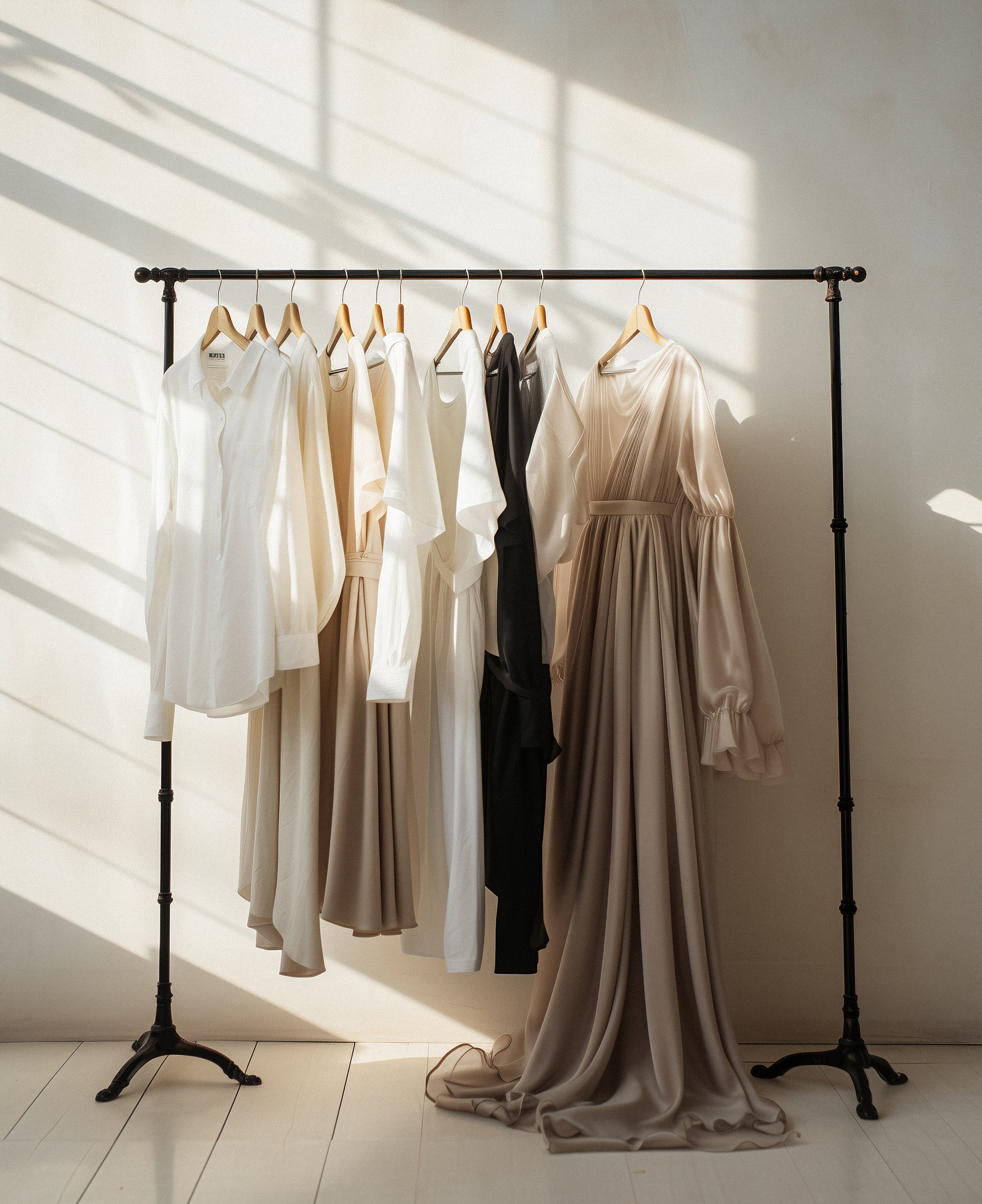 A clothing rack with white, beige, black, and beige dresses hanging on wooden hangers, with natural light casting shadow lines on a white wall background, and a long beige gown draped on the floor.