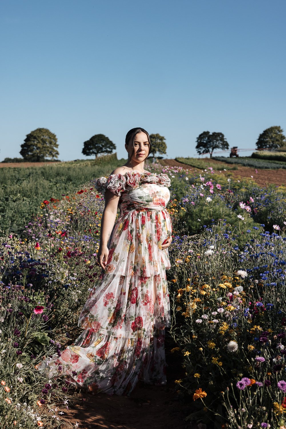 maternity photographer in a flower field in darts farm plymouth devon