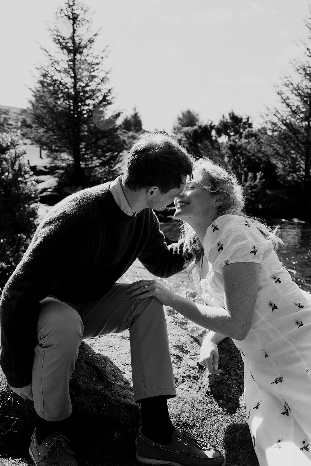 Engagement photoshoot in Dartmoor woodland with couple and their dog in a natural outdoor setting