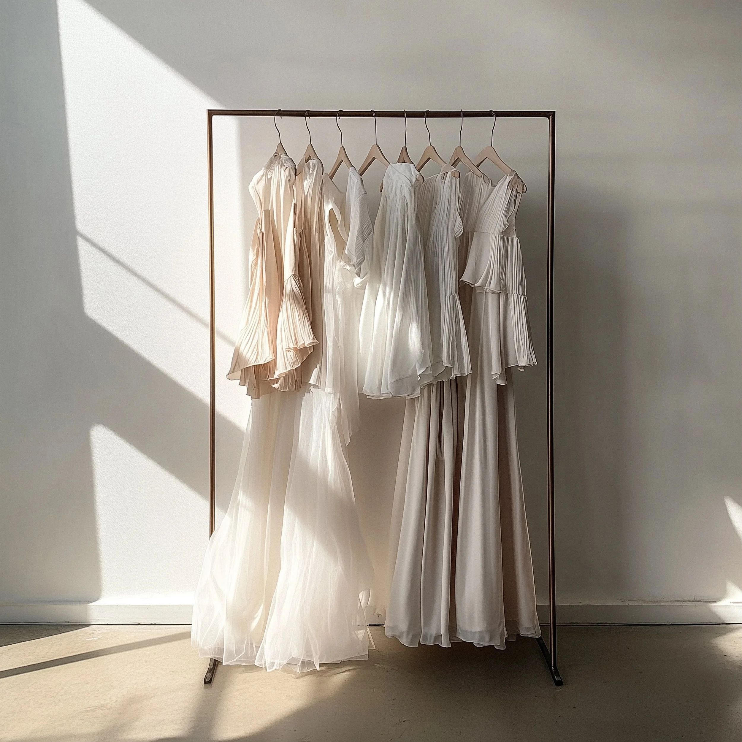 A clothing rack with nine cream-colored and white dresses hanging on wooden hangers, set against a light-colored wall with sunlight casting shadows.