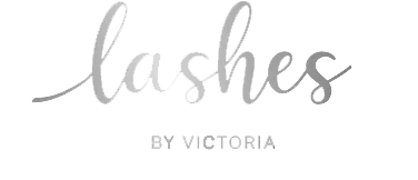 Gray script logo reading “Lashes” with “BY VICTORIA” underneath on a black background