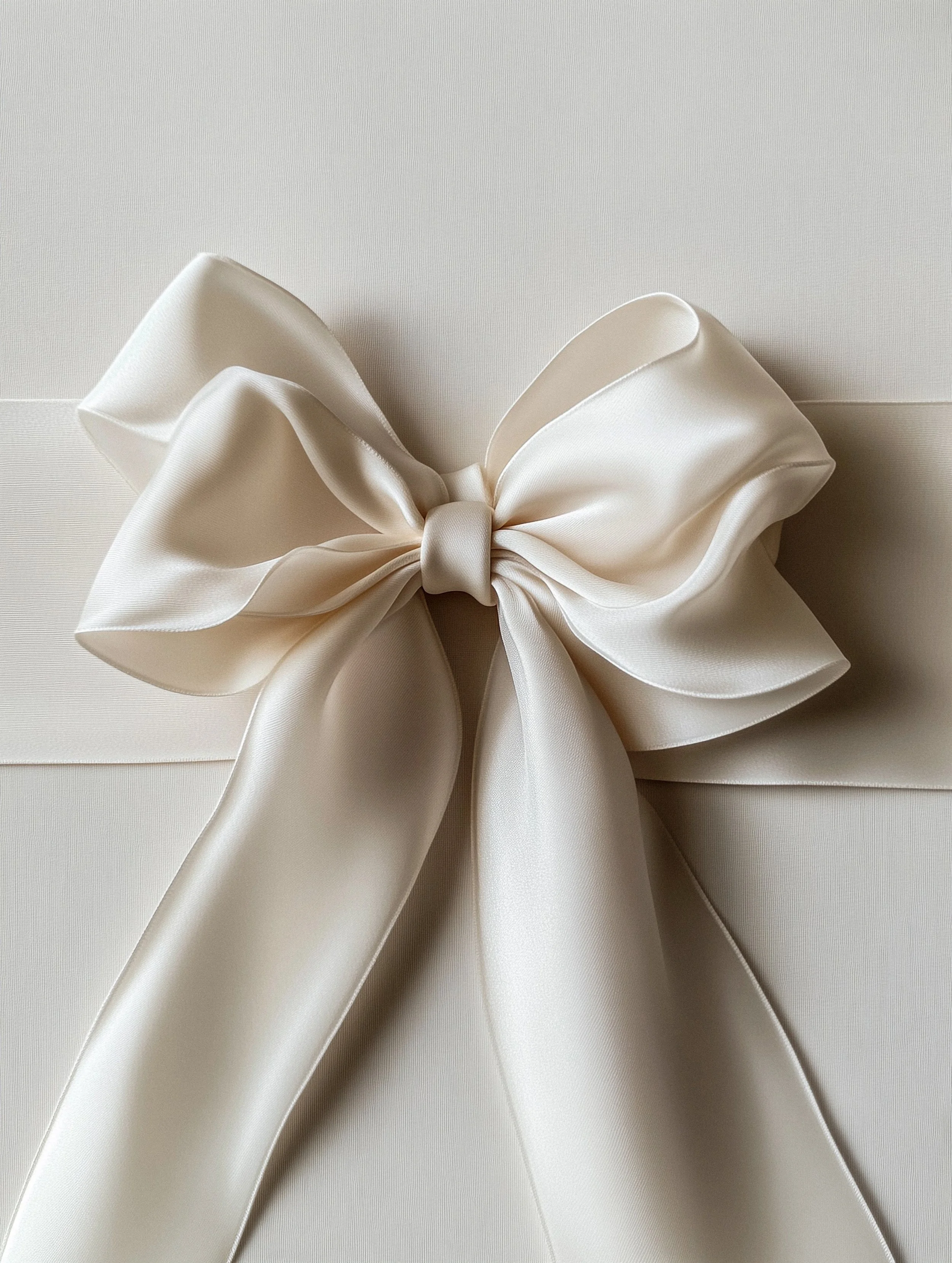 Cream-colored satin ribbon tied in a large, elegant bow on a white gift box.