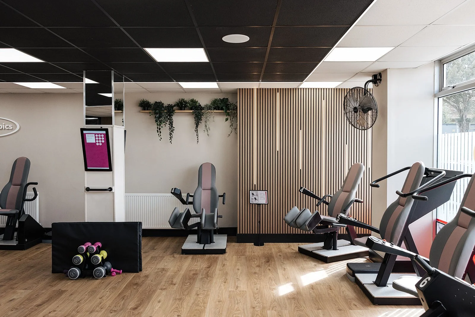 A clean, modern gym space with women using strength training equipment