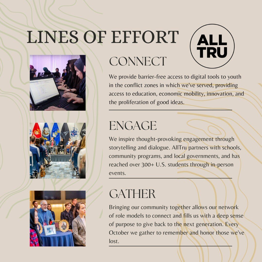 AllTru is the premiere organization for women across the Special Operations community to gather and give back. AllTru Role Models couple thought-provoking engagement (AllTru Engage) with the sponsorship of internet and digital tools to inspire the ne