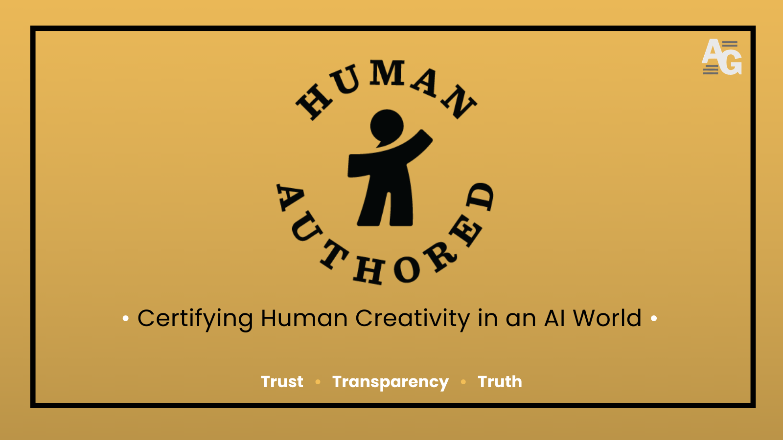 A gold rectangle holds a logo that is a combination of words and an image. The words that form a circle around the image say "Human Authored". Inside the words is a figure of a person who is a block figure and has a comma for a head.