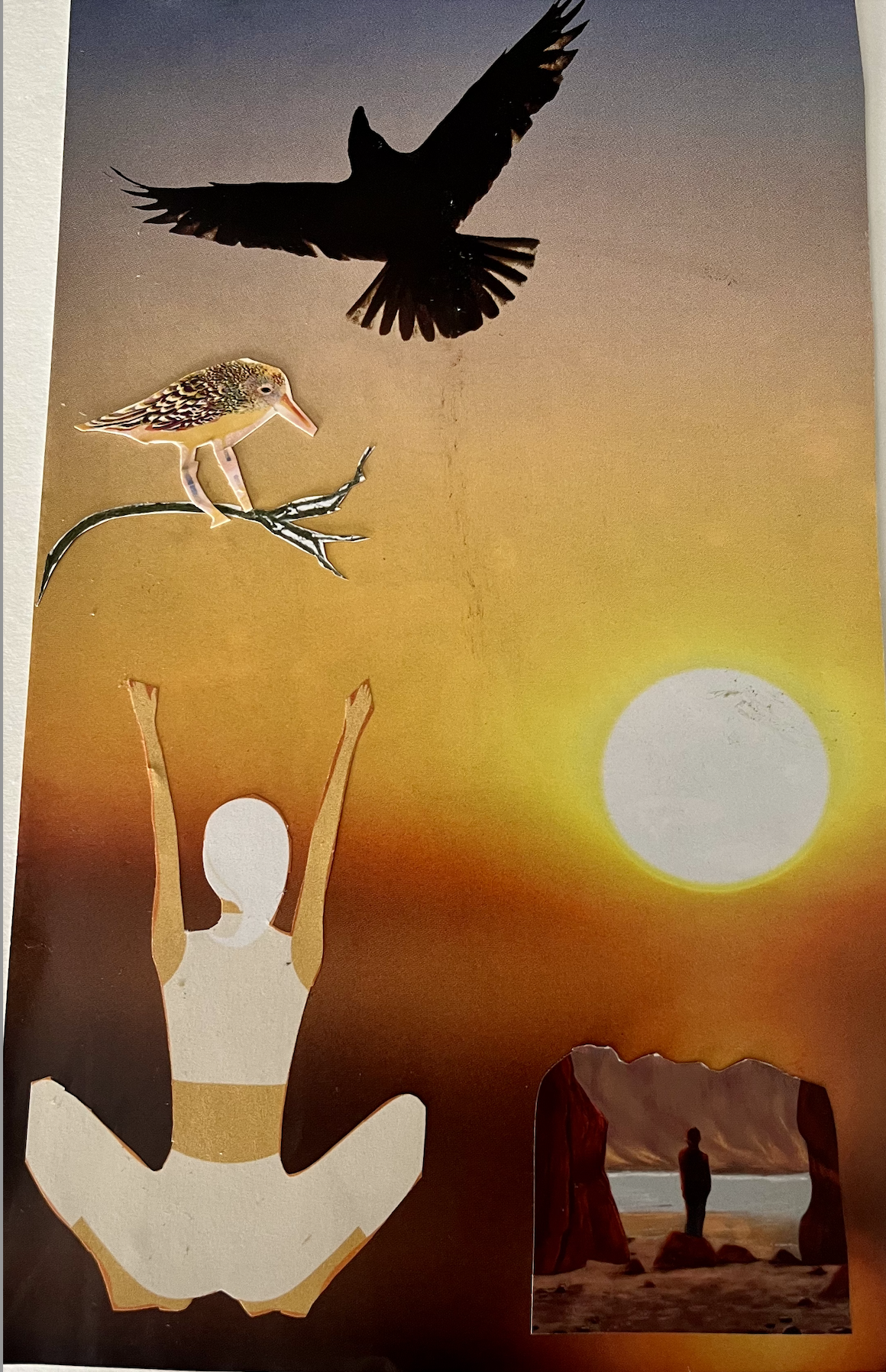 Collage of a woman reaching for the sky, birds above her and a figure below.