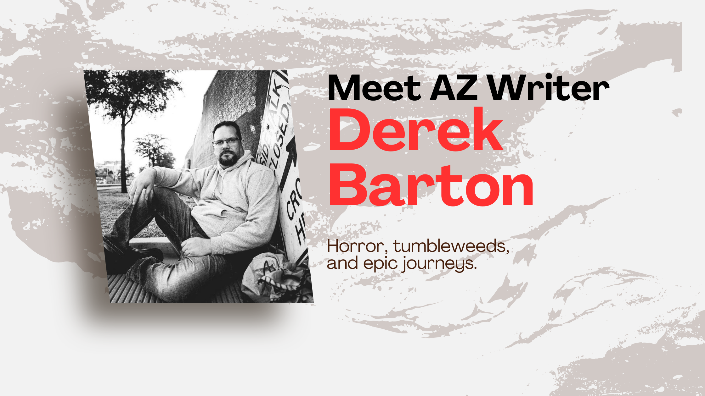 Author Derek Barton dressed in jeans and a hoodie sitting next to a 'sidewalk closed' sign with trees and a chainlink fence in the background.