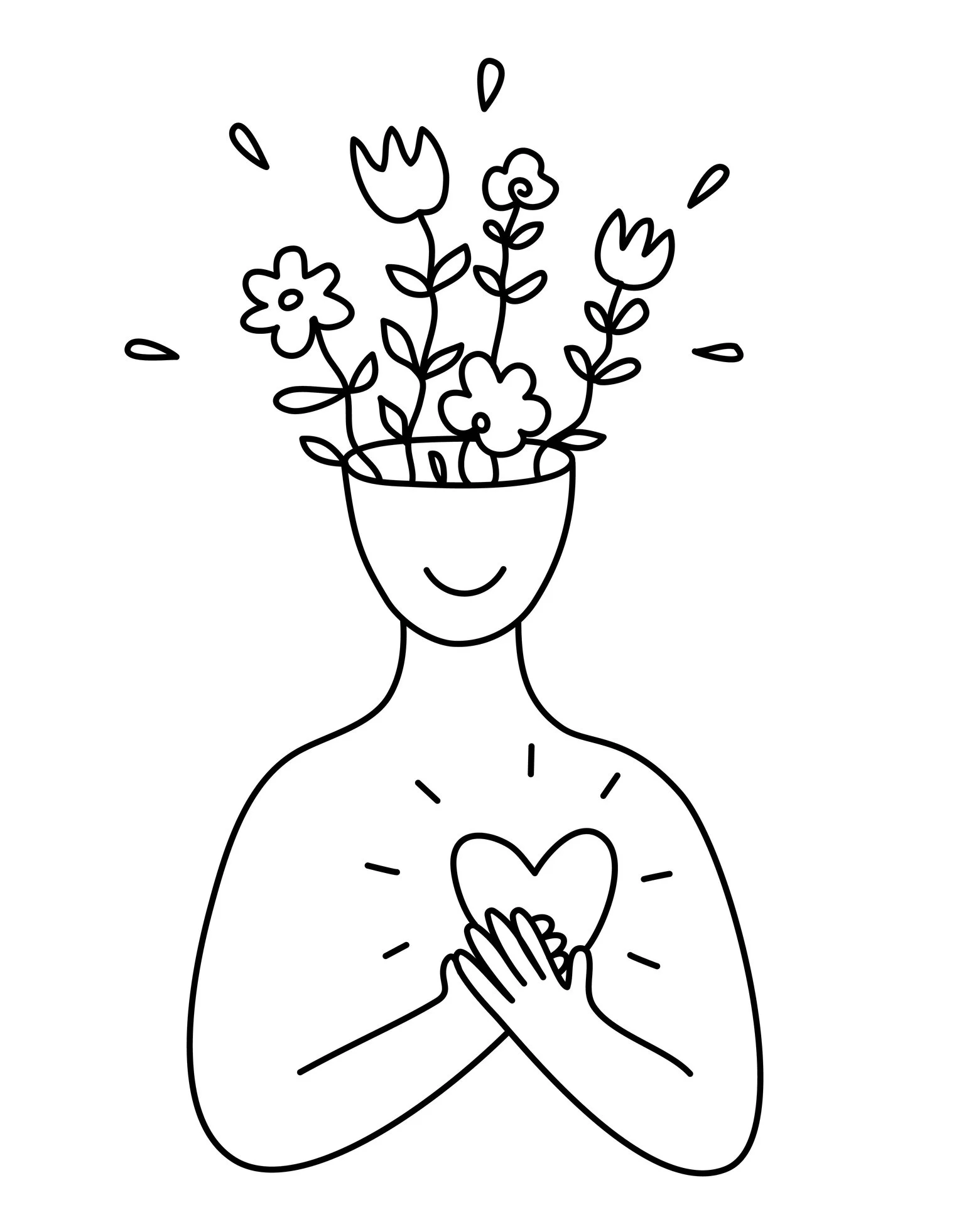 Line art of a person's head blooming flowers.