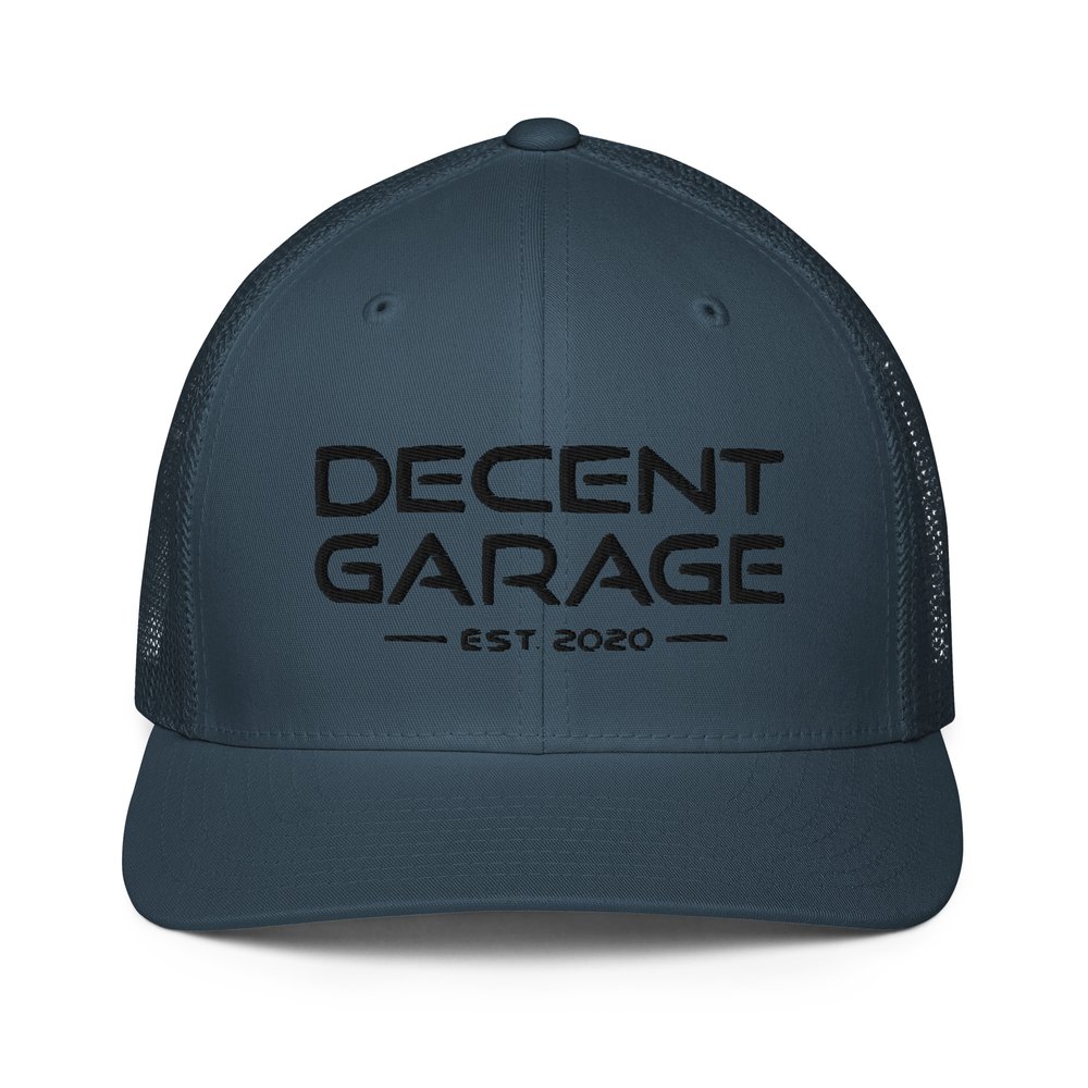 Closed-back flex-fit trucker Hat (black stitch) — Decent Garage