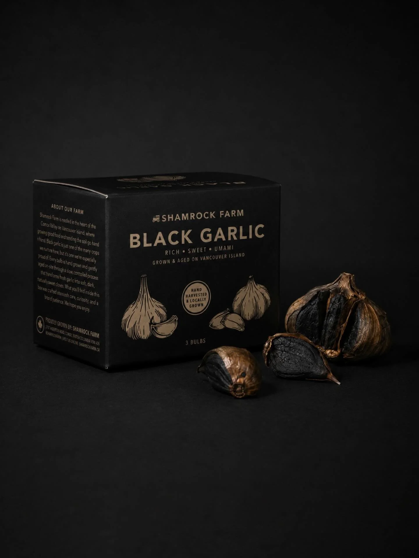 Packaging should do more than sit on a shelf &mdash; it should tell a (your) story.

For this Black Garlic concept for Shamrock Farm, I wanted the design to feel rooted in the richness of the product itself: dark, earthy, sophisticated, and deeply co