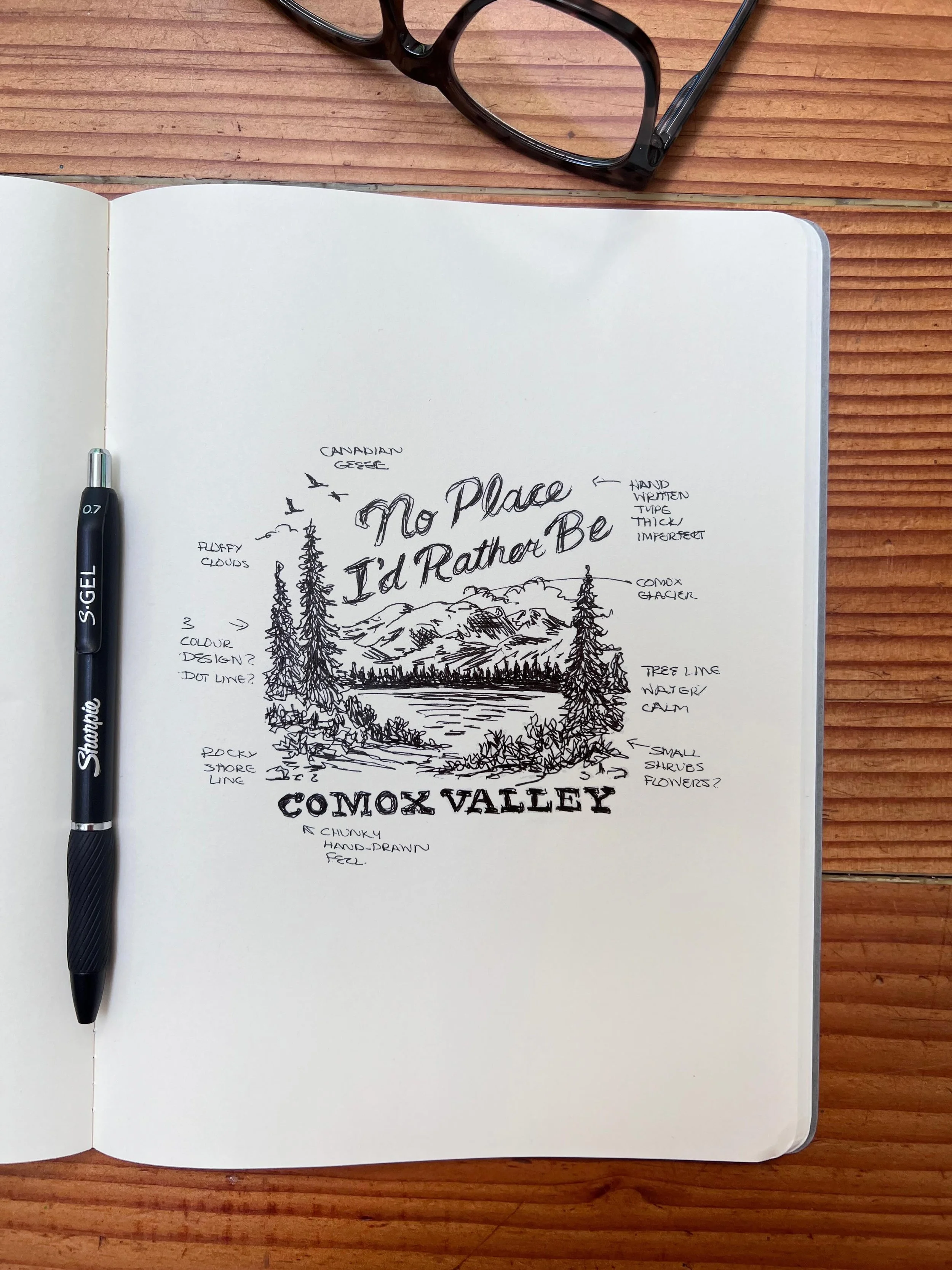 Working on some new merch for @roamstorestudio - just in time for summer. I also recently joined the reading glasses club - I suspect the old monitor machine might be responsible, which makes me appreciate my sketch pad a little bit more. Happy Thurs