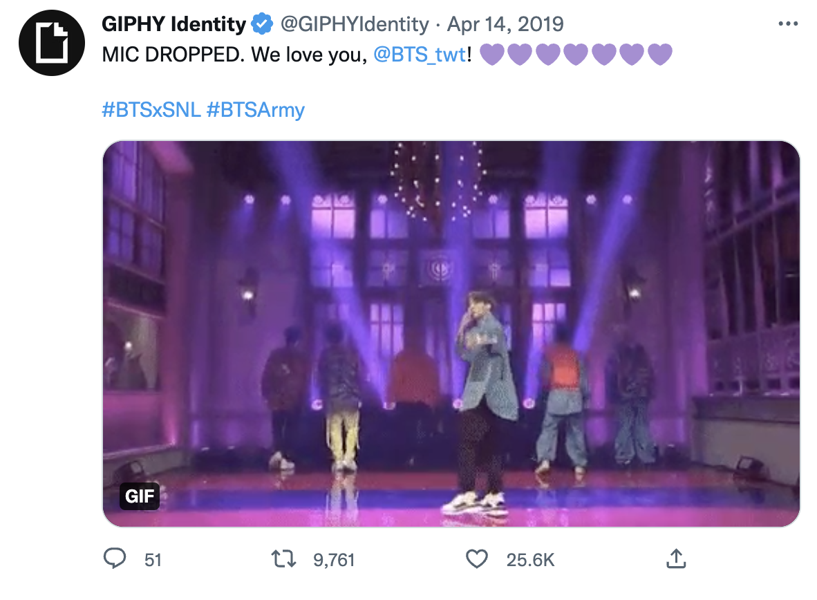 Coverage of BTS' SNL debut on GIPHYIdentity, a vertical to gif diversity in media. 