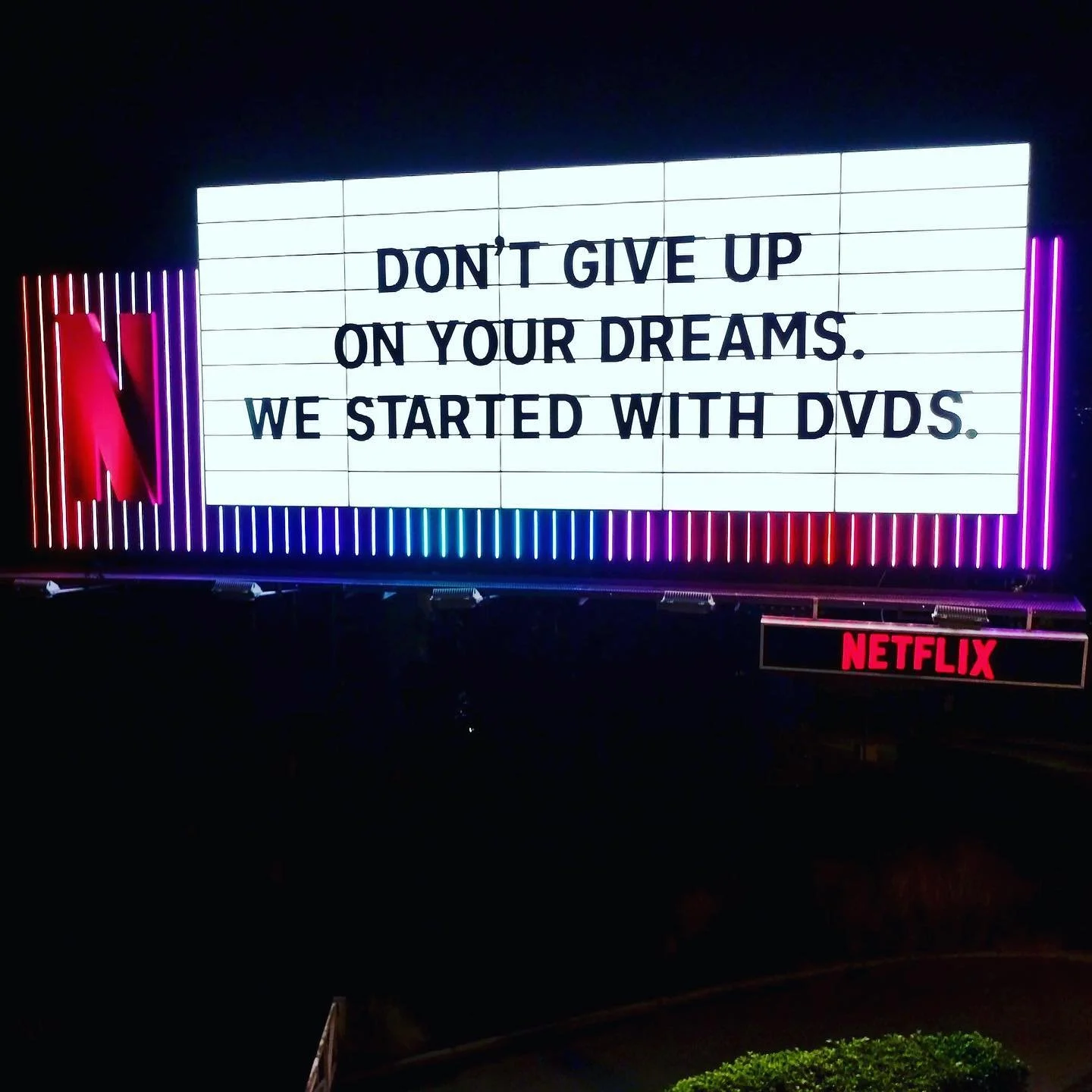 A mega viral launch message on the Netflix marquee on Sunset Blvd in Los Angeles. Mars pitched this copy. The post about it went on to be the most popular post Netflix had on LinkedIn in 2021. 