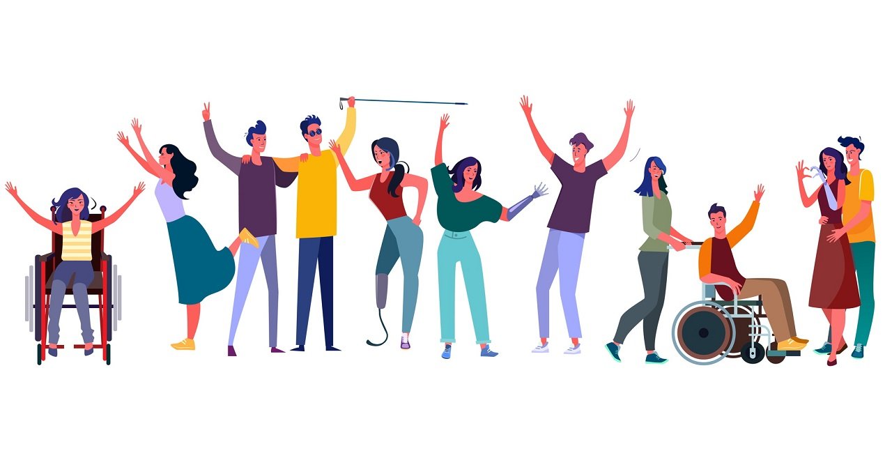 Graphic with a spread of people showcasing a range of disabilities and celebrating their community
