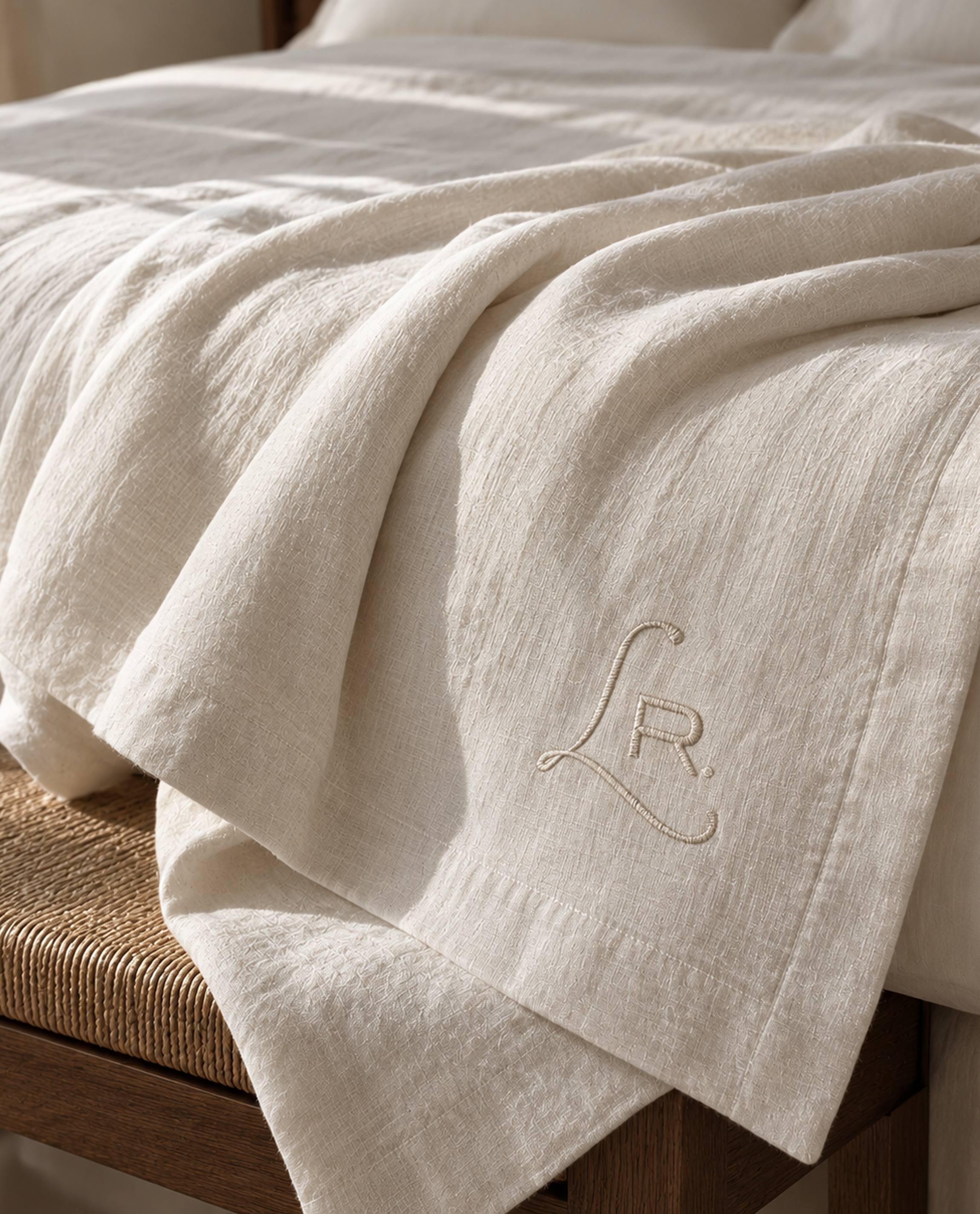 Bespoke ivory linen bedding with a delicate embroidered custom monogram, showcasing personalized textiles and luxury hospitality guest experience design.
